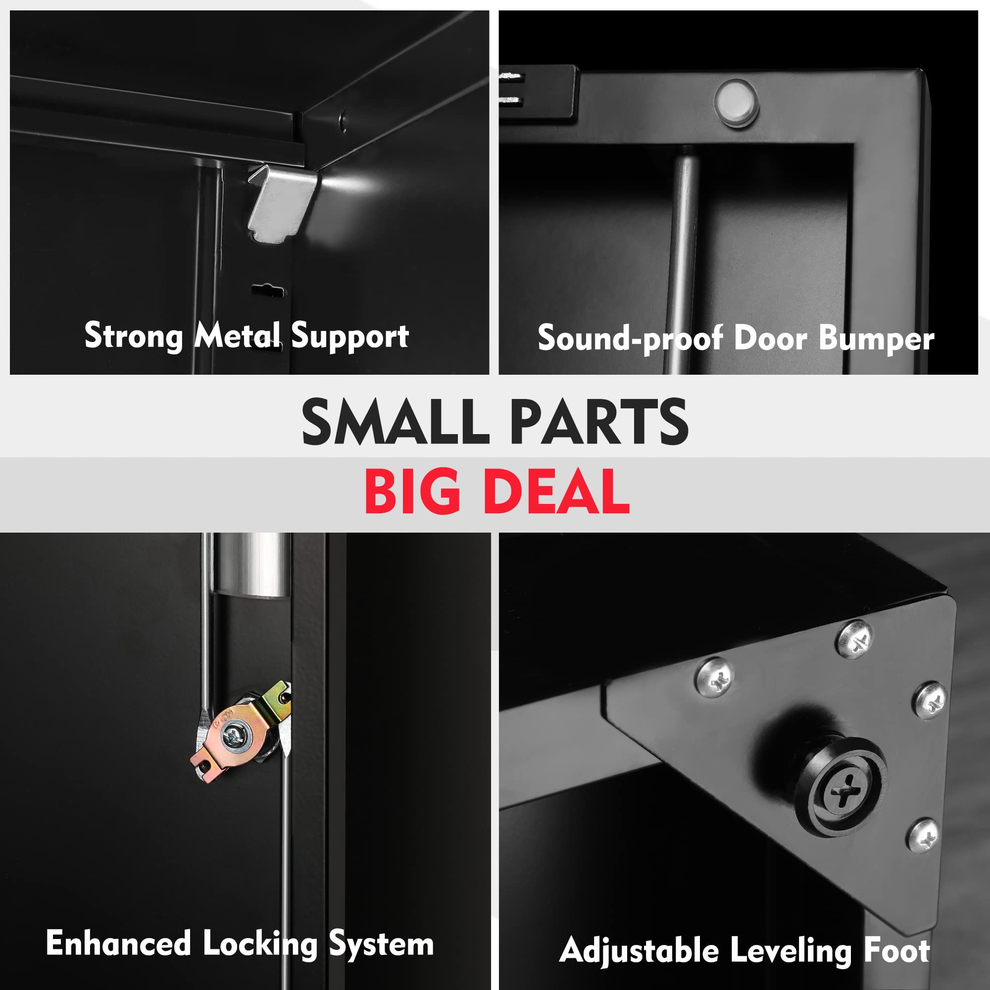 Metal storage cabinet hardware: enhanced locking system and adjustable leveling foot.