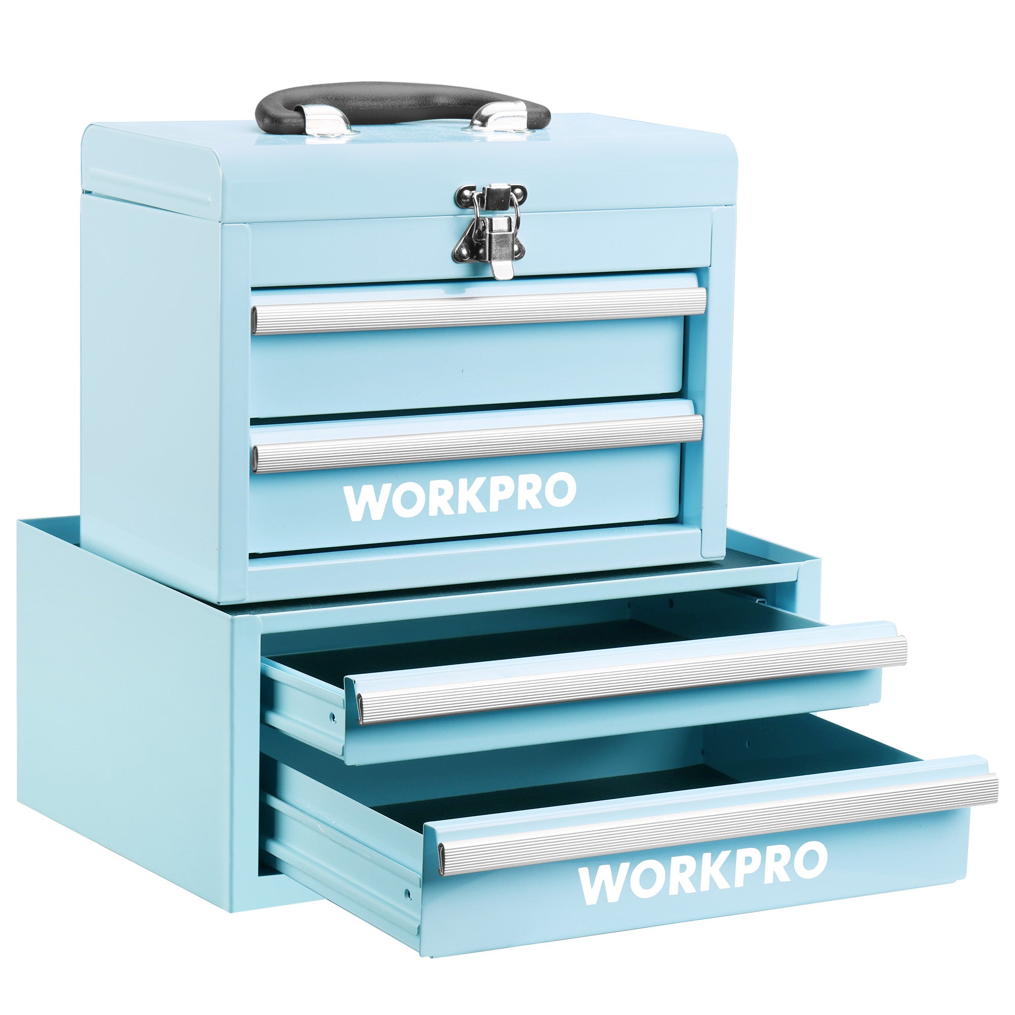 WORKPRO Portable & 12.5" Mini Metal Tool Box, Top Tool Chest Containing Two Drawers, Macaron Blue