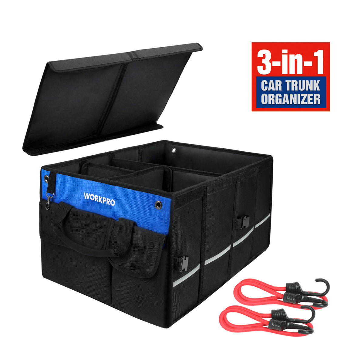 WORKPRO Car Trunk Organizer, Collapsible Storage with Lid for SUV, Non Slip Bottom, Securing Straps, 4-Compartment (Black,Large Size)