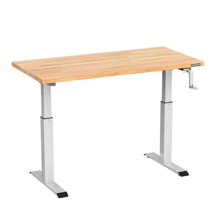 Adjustable height workbench with light wood tabletop and gray steel legs
