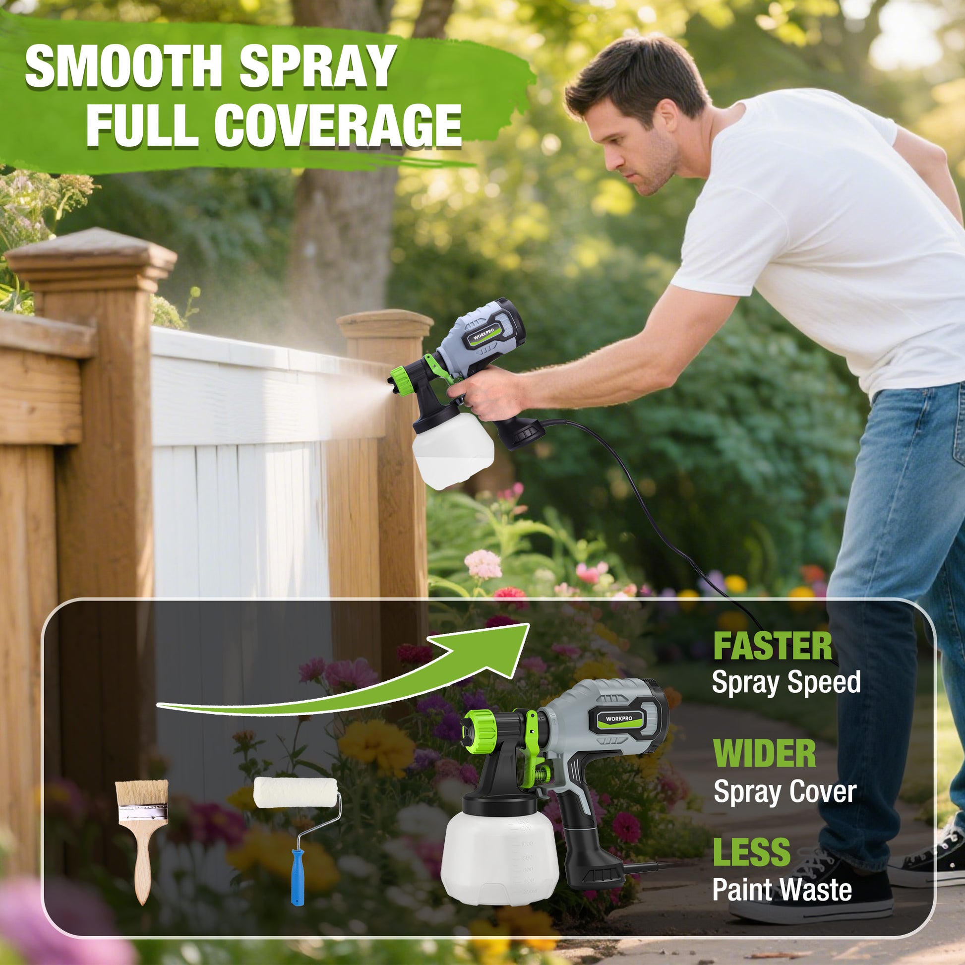Man using HVLP paint sprayer outdoors with green spray flow graphics overlay