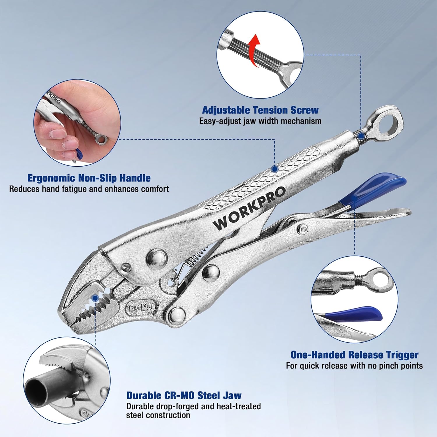 WORKPRO locking pliers with blue handles and adjustable jaw screw mechanism