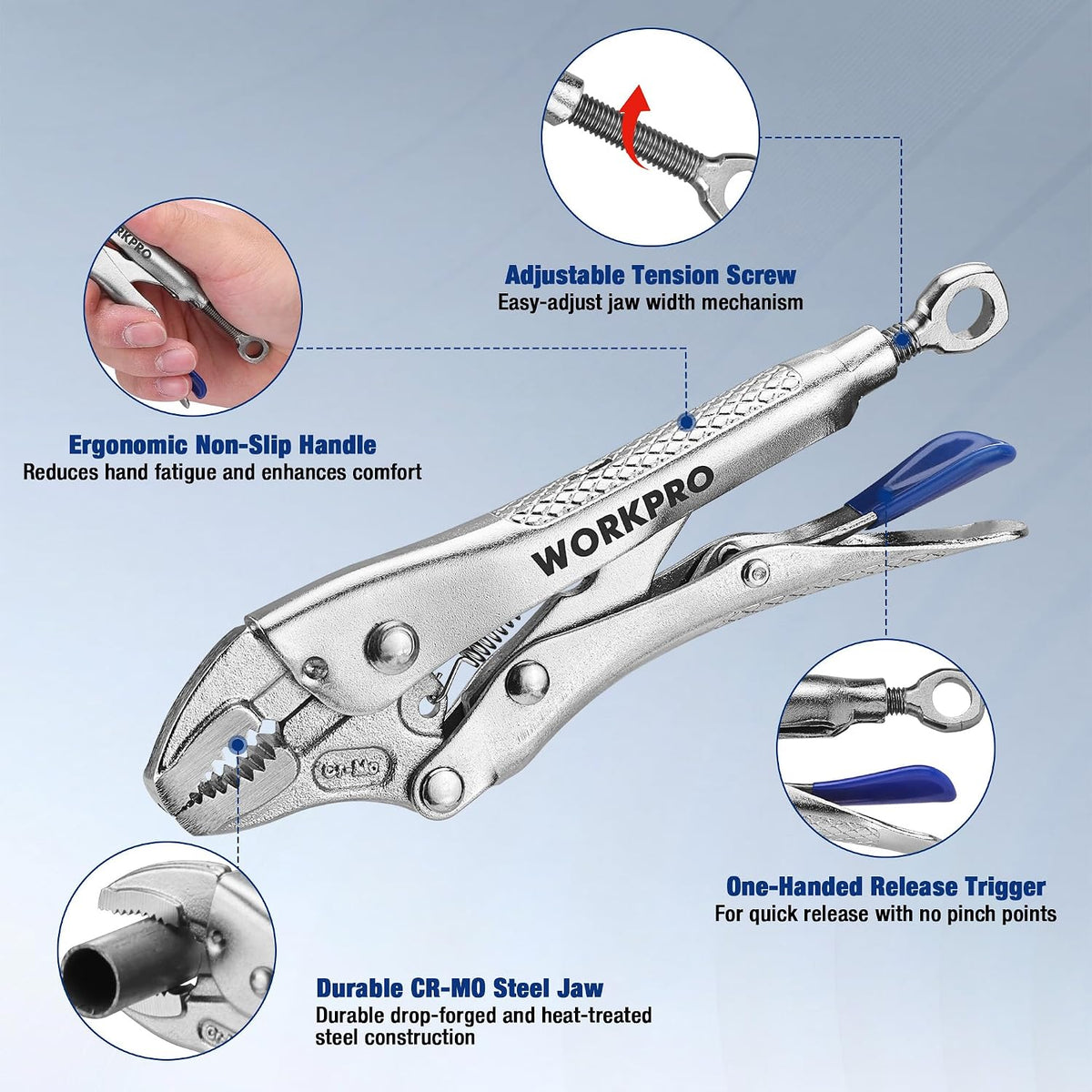 WORKPRO 5" Curved Jaw Locking Pliers with Screw Extractor, CR-MO Steel Construction with Perforated Screw, Multipurpose Clamping Tool for Automotive, Welding, and Home DIY