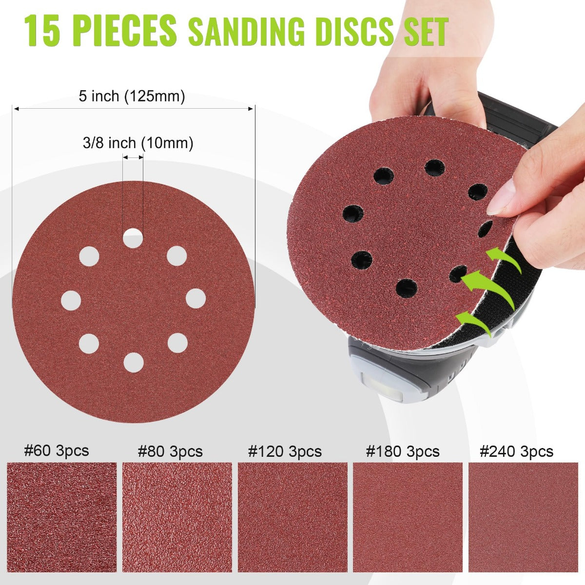 15-piece sanding disc set for 5-inch orbital sander, red-brown abrasive pads