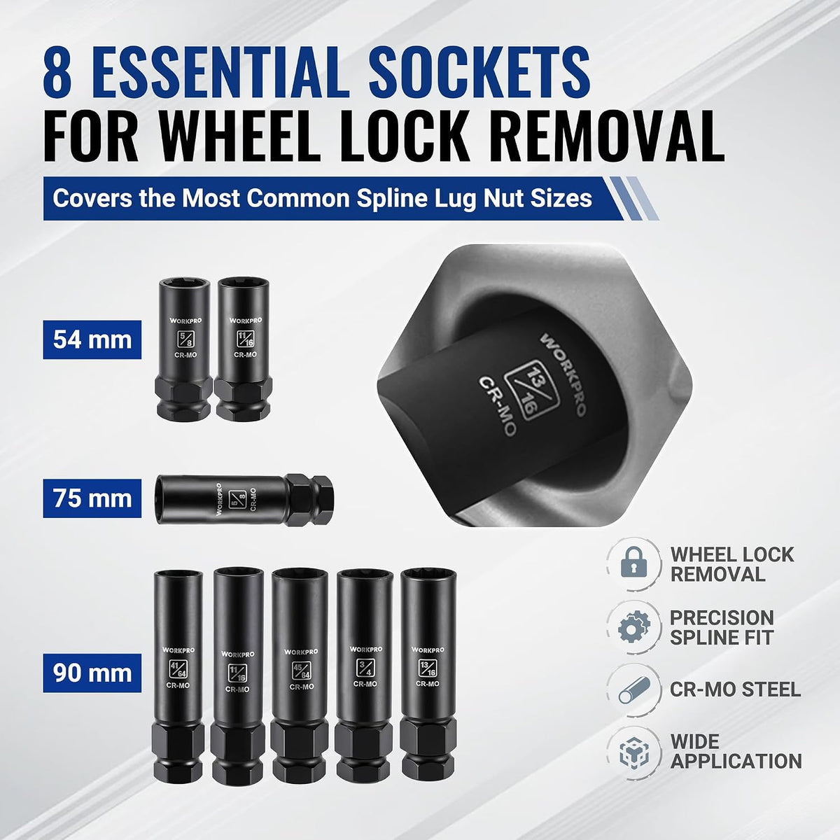 Workpro spline lug nut socket set in black CR-MO steel for wheel removal and tire maintenance