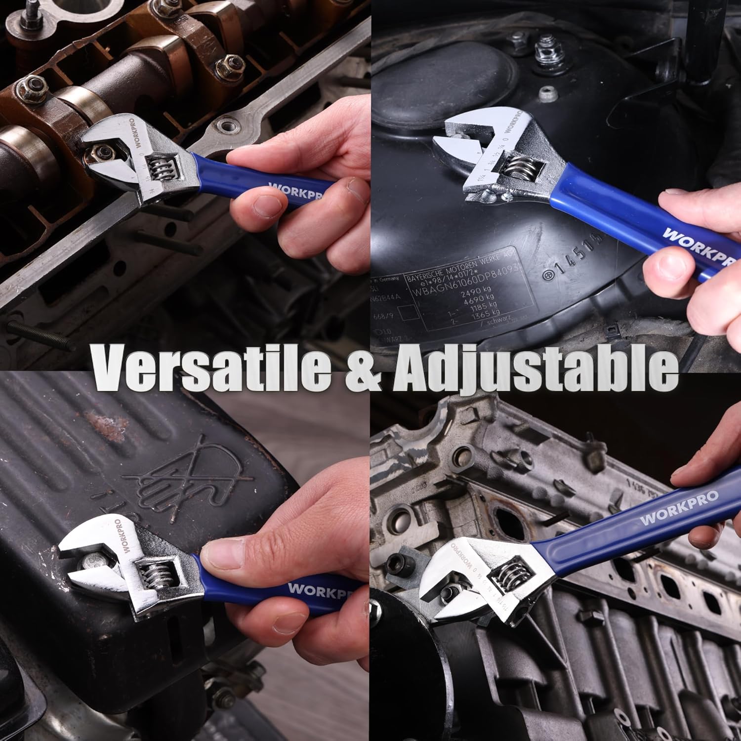 Multiple adjustable wrenches with blue handles used on bolts in tight spaces.