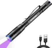 Black WORKPRO 2-in-1 UV/white pen flashlight with purple UV beam and USB-C cable