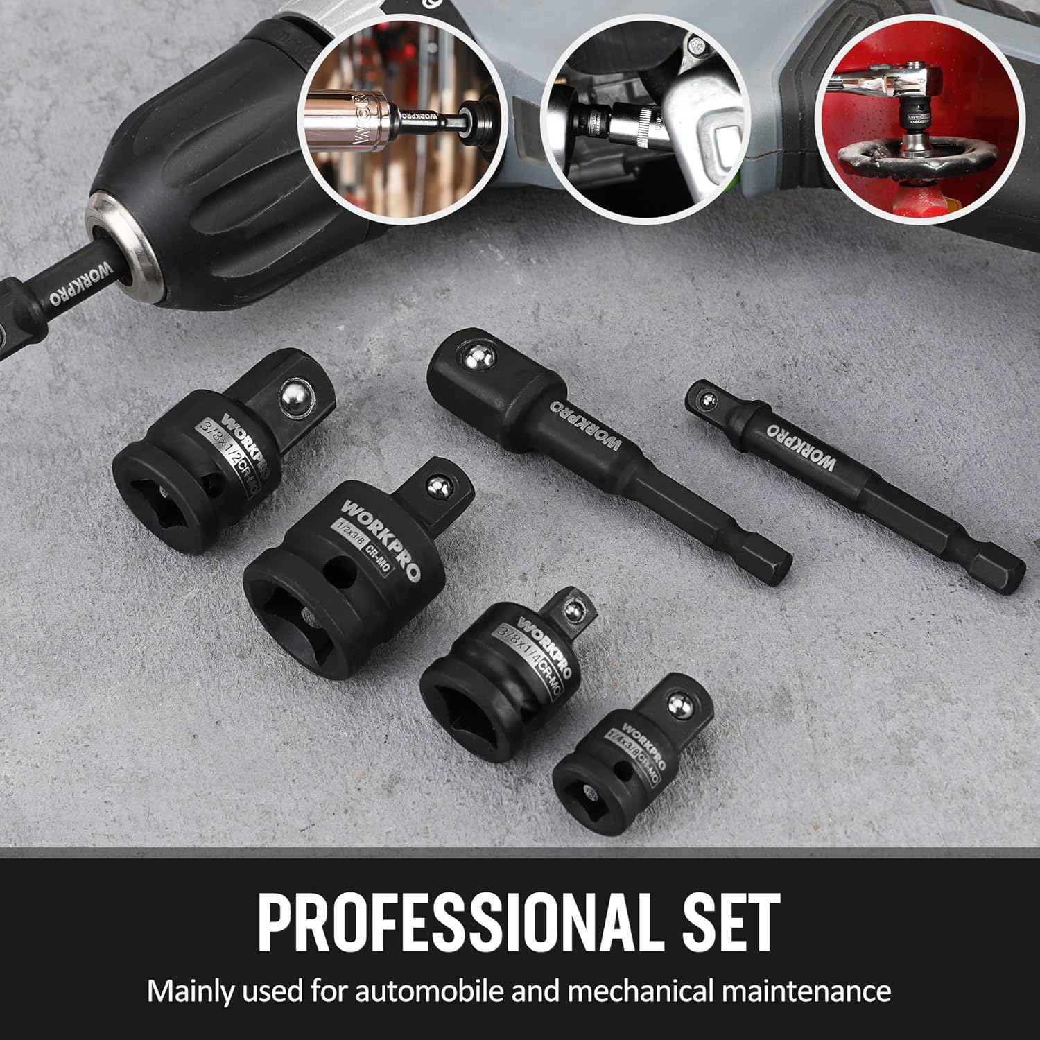 Impact socket adapter set shown with adapters and extensions, black