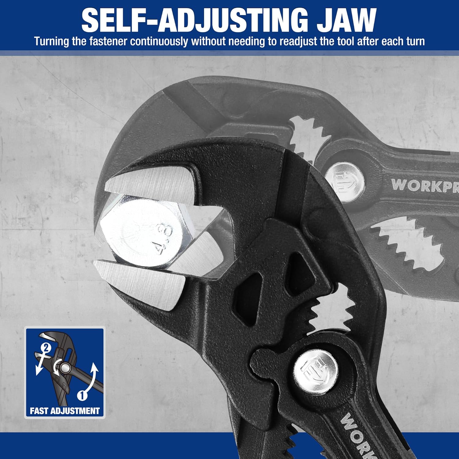 Self-adjusting jaw groove joint pliers, black metal head and blue-accented handle