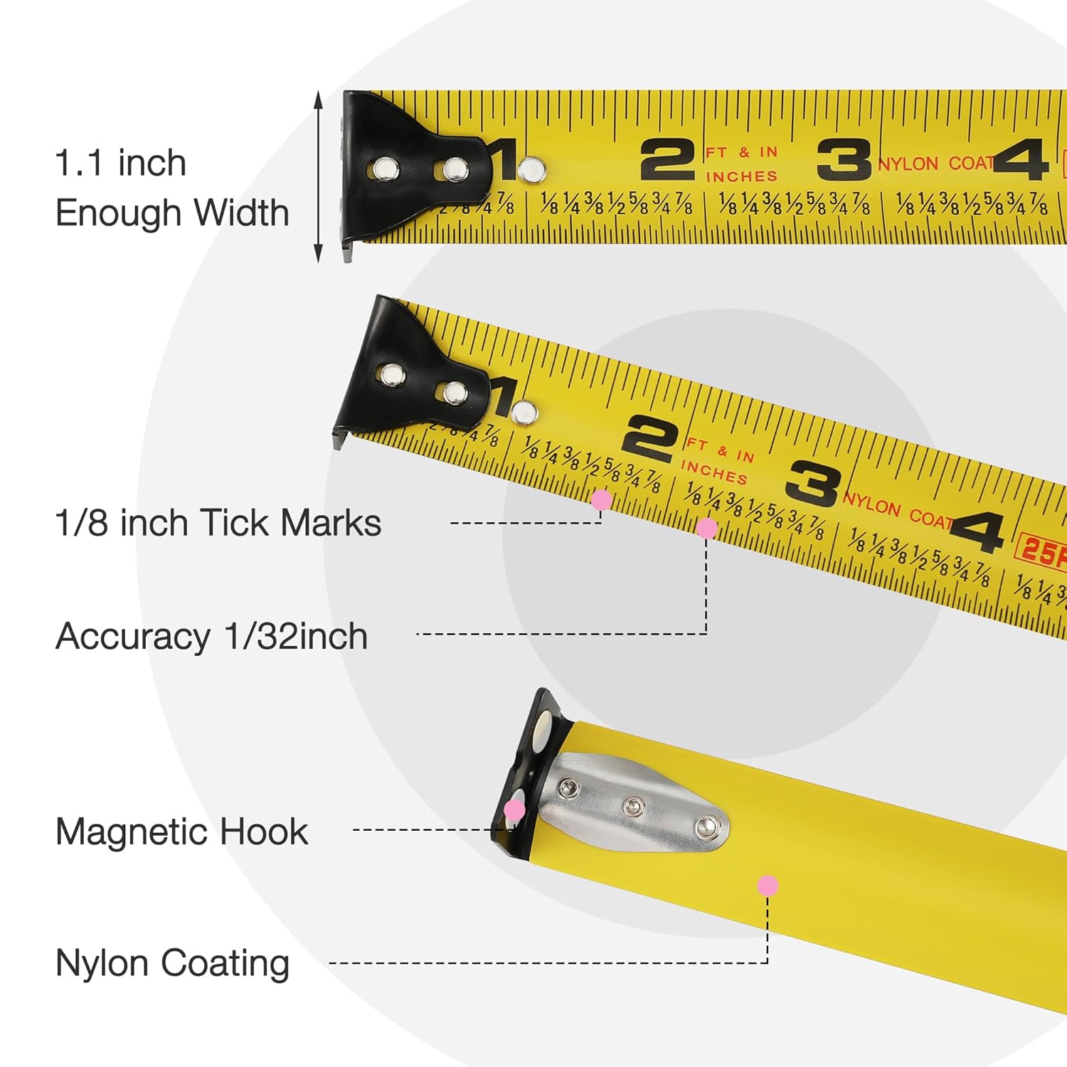 Retractable tape blade with inch scale, 1/8 tick marks, and nylon coating