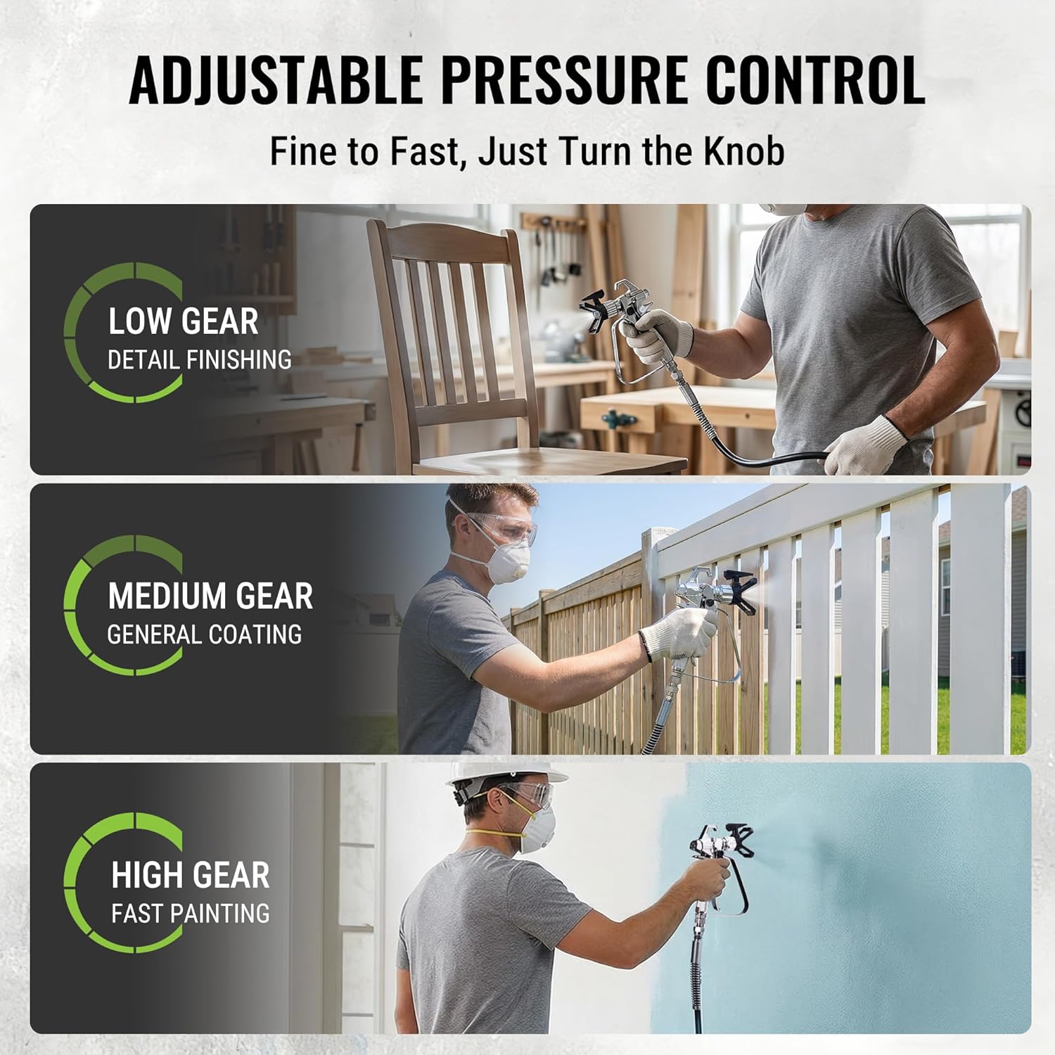 Airless paint sprayer with adjustable pressure control settings for different coatings