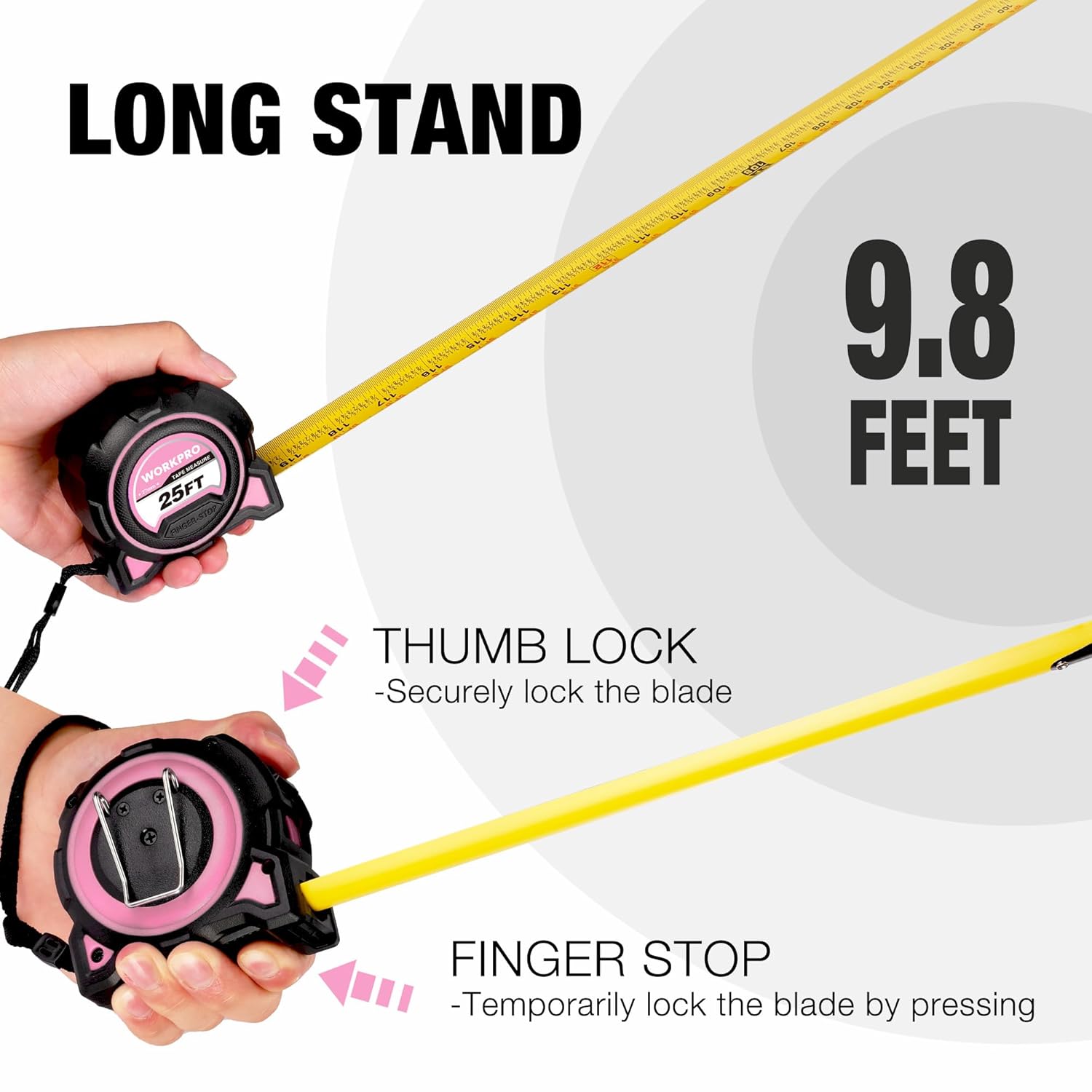 WORKPRO 25ft tape measure extended with thumb lock and finger stop