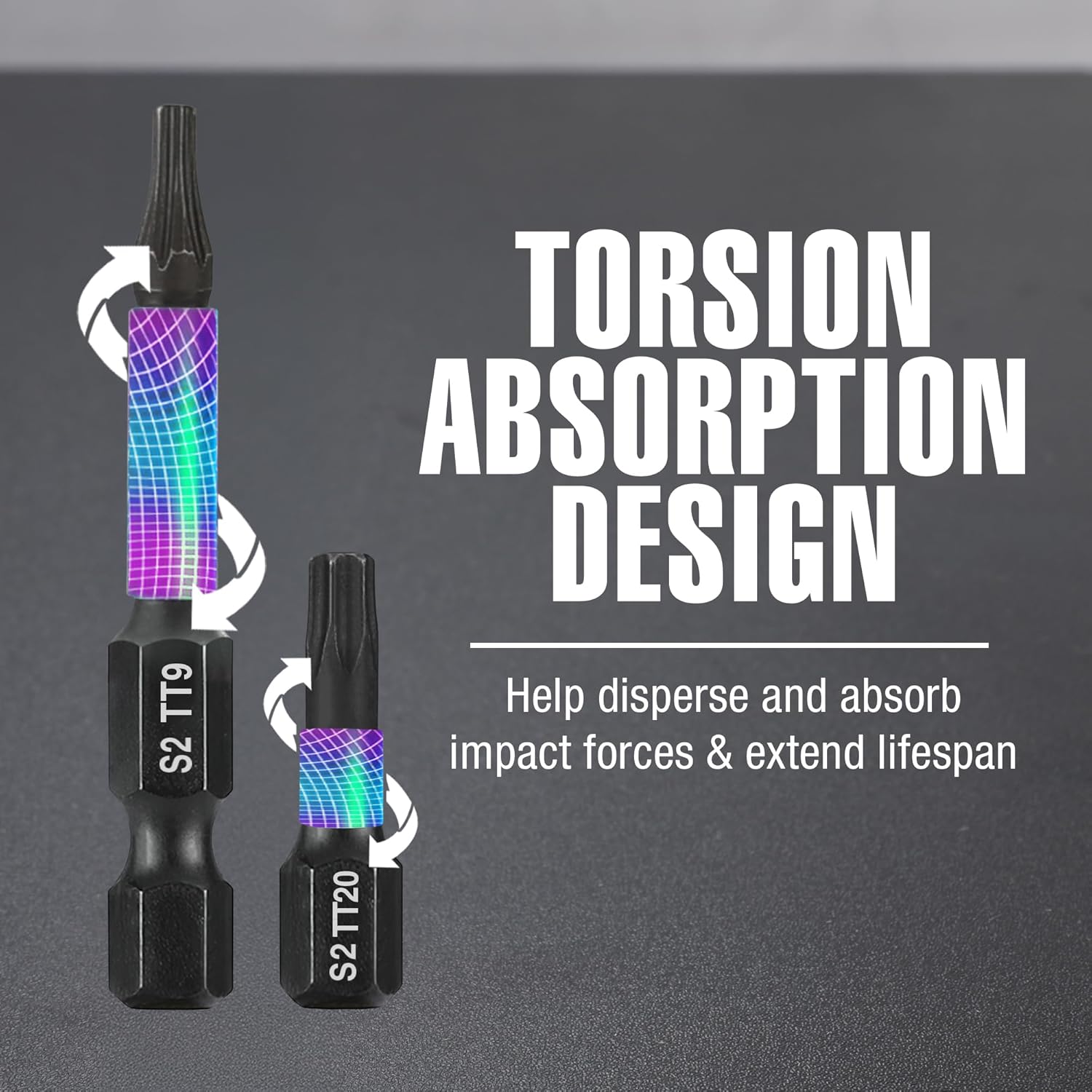 Security Torx impact bits with green accent rings, black shanks, and star drive ends