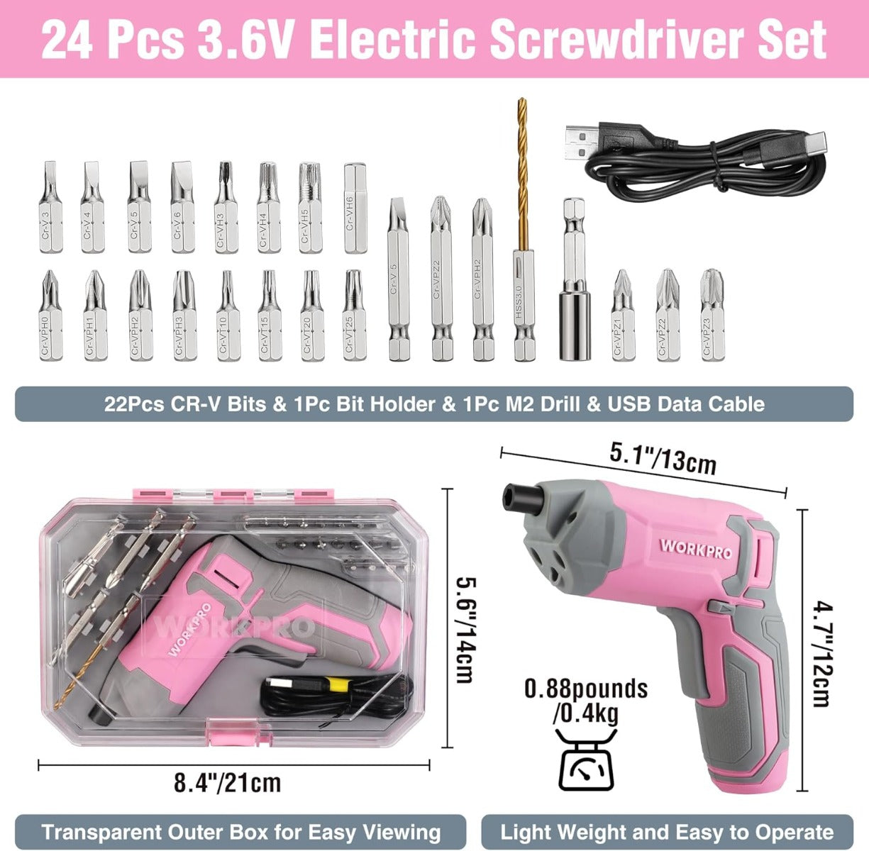 Pink cordless electric screwdriver kit with 24 bits and transparent carrying case