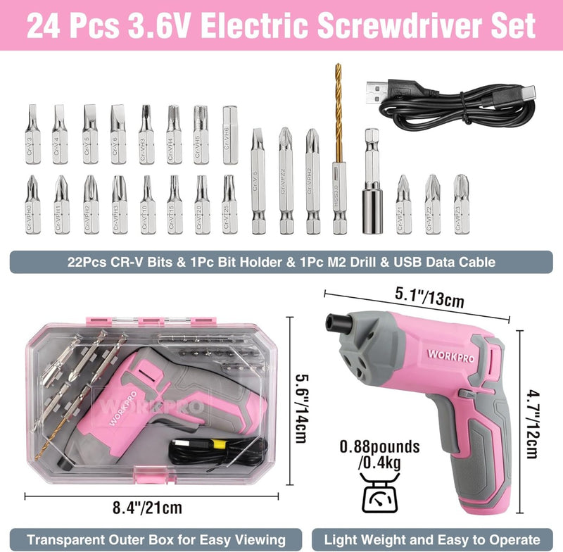 WORKPRO 3.6V Pink Cordless Electric Rechargeable Eccentric Power Screwdriver Kit with 24 Pcs Bits & Carrying Case－Pink Ribbon