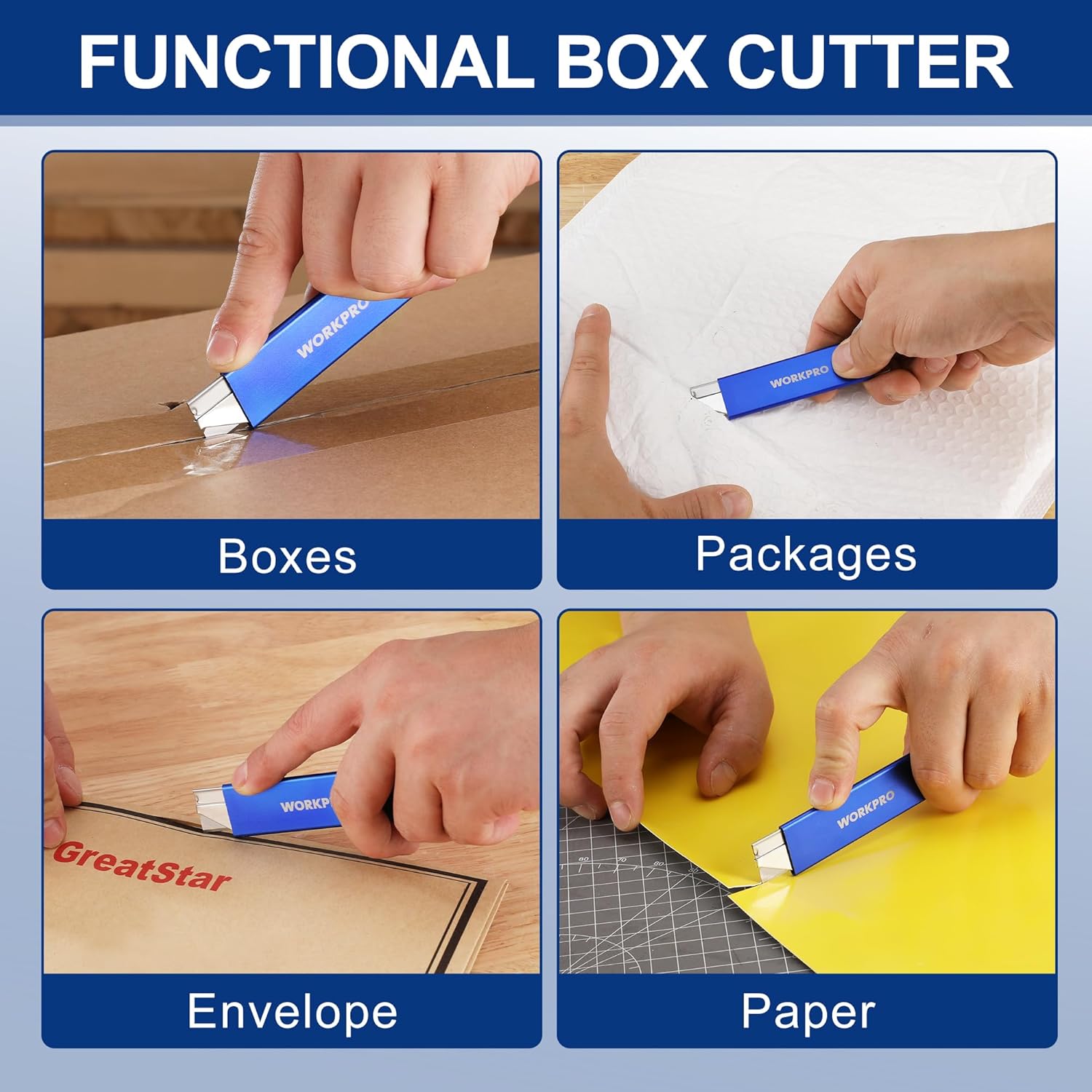 Blue box cutter for boxes, packages, envelopes, and paper