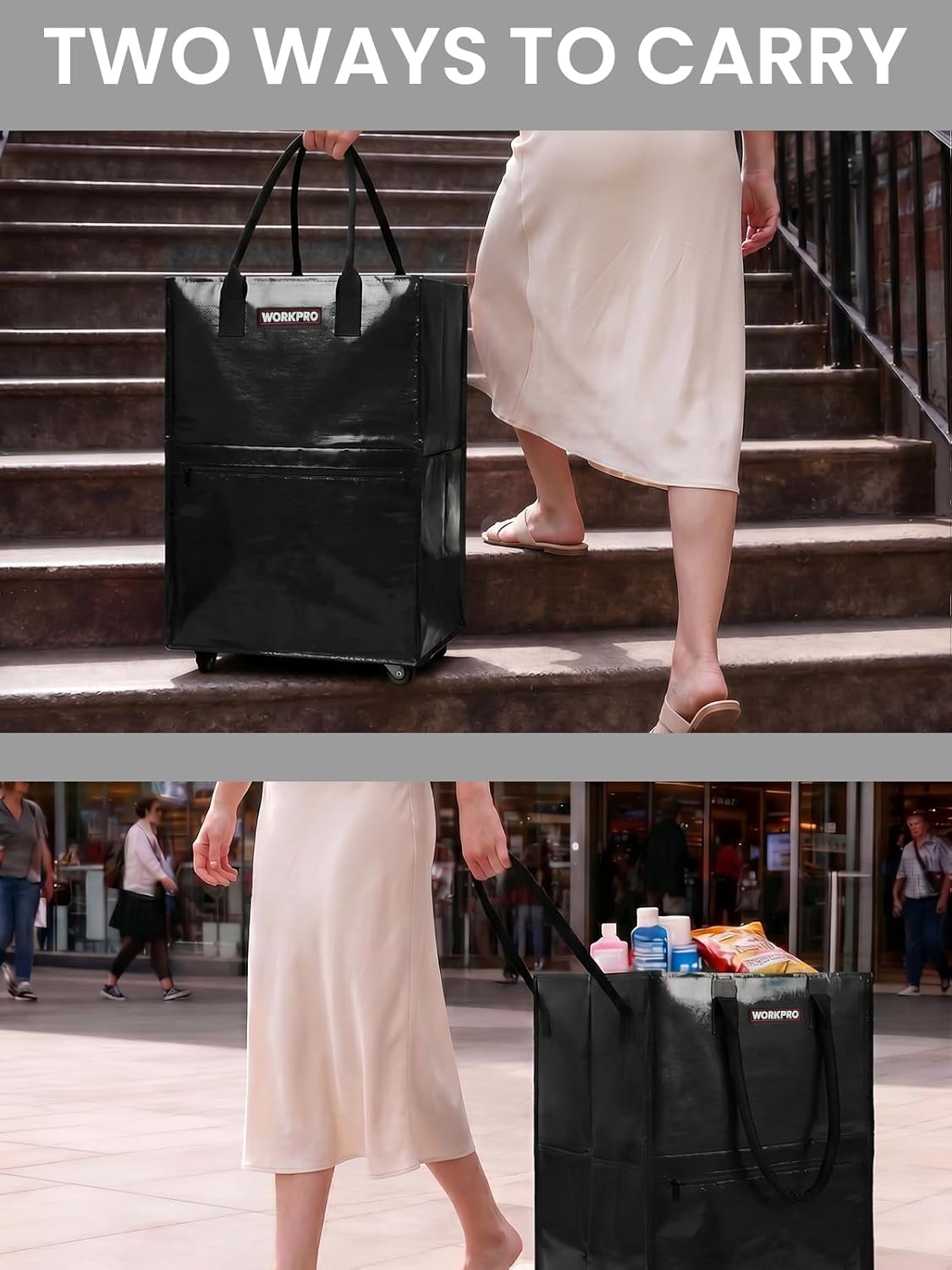Black rolling shopping tote with tote handles and caster wheels, zip top.