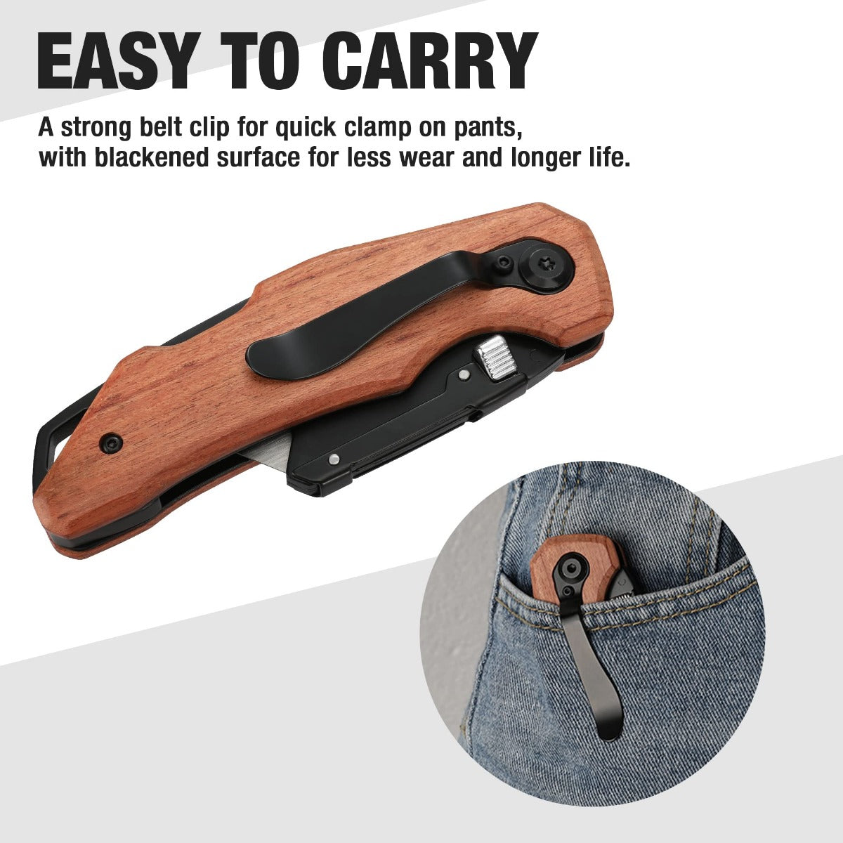 Folding utility knife with wood handle and black belt clip for easy carrying