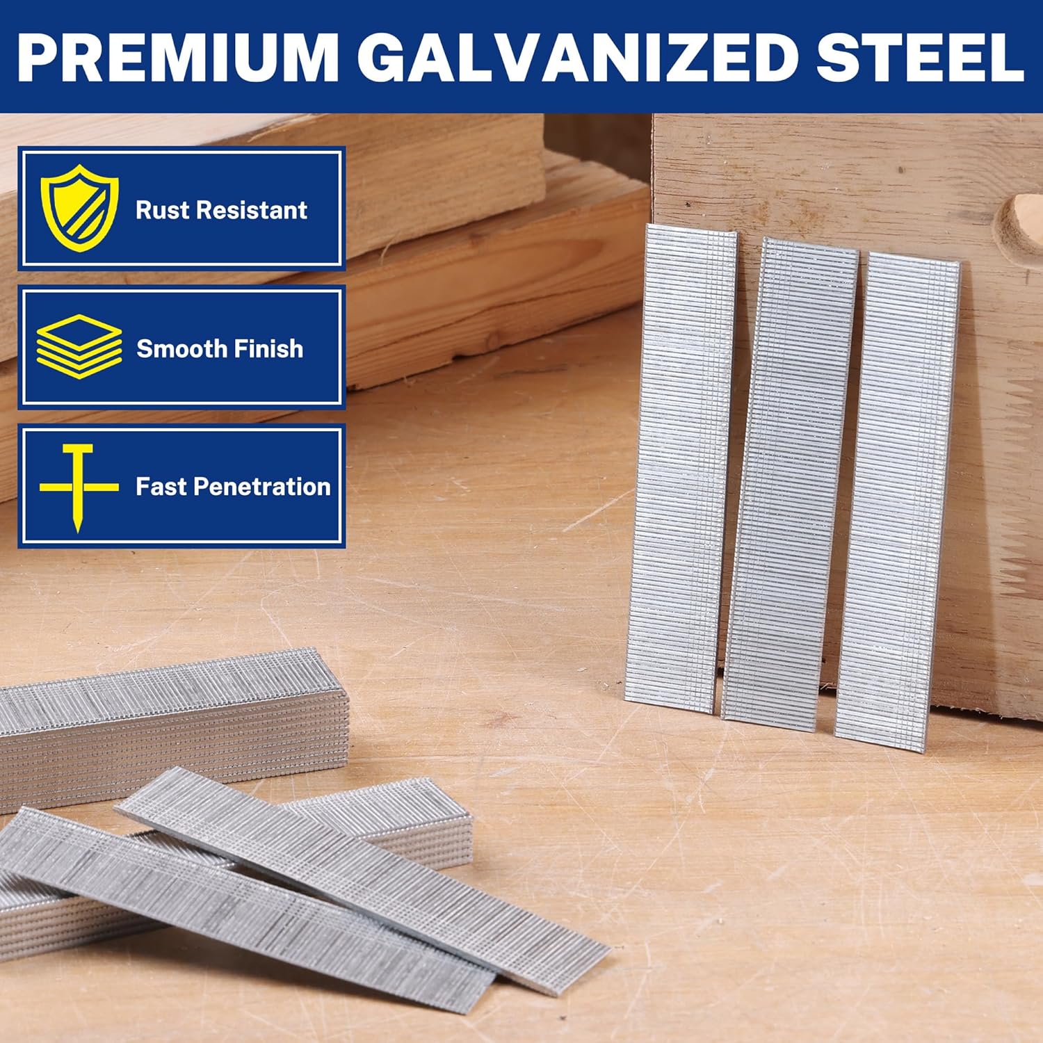 Galvanized steel brad nails with smooth finish and rust-resistant coating