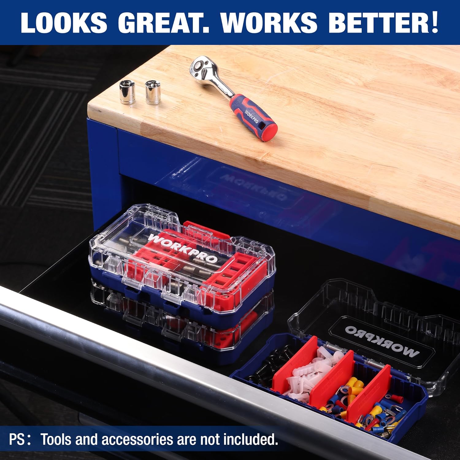 Stackable small parts organizer case with clear lid and red compartments on a work surface