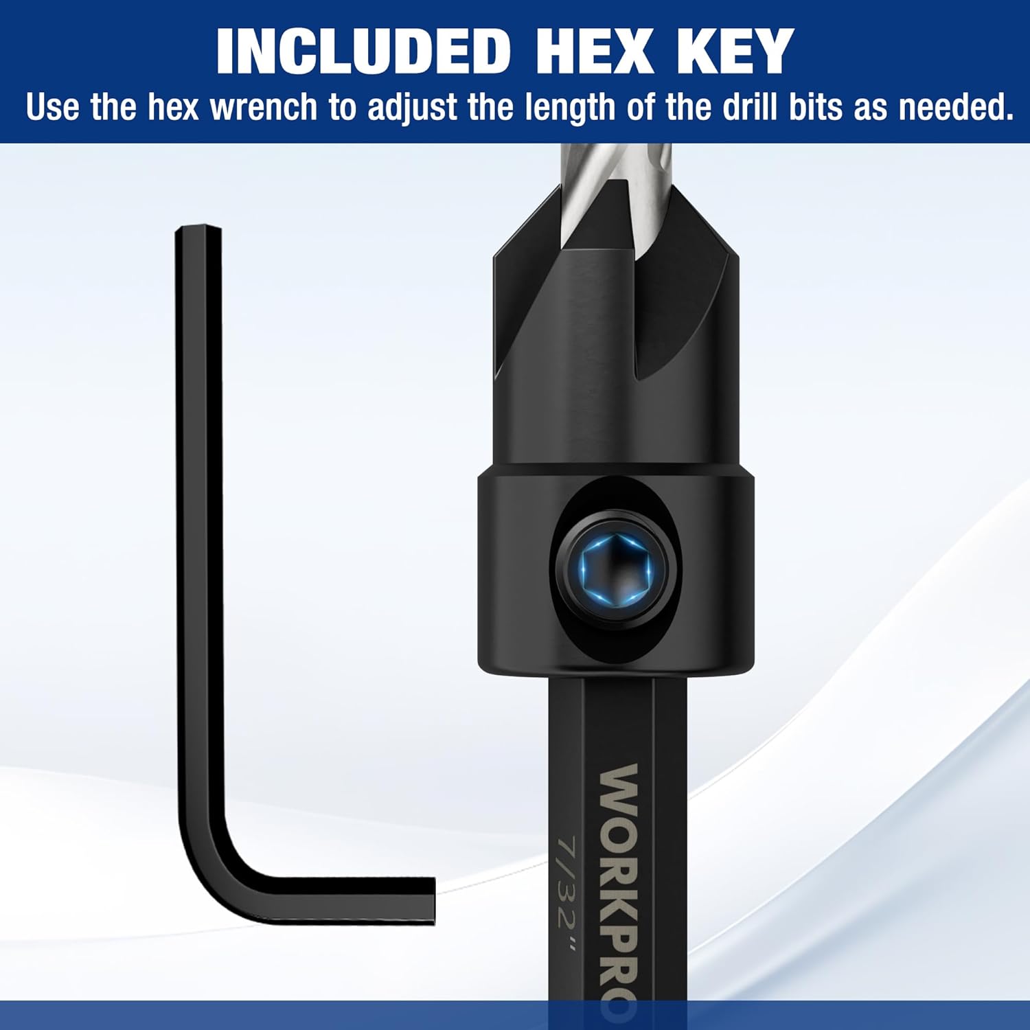 Countersink drill bit with included L-shaped hex key for adjusting bit length
