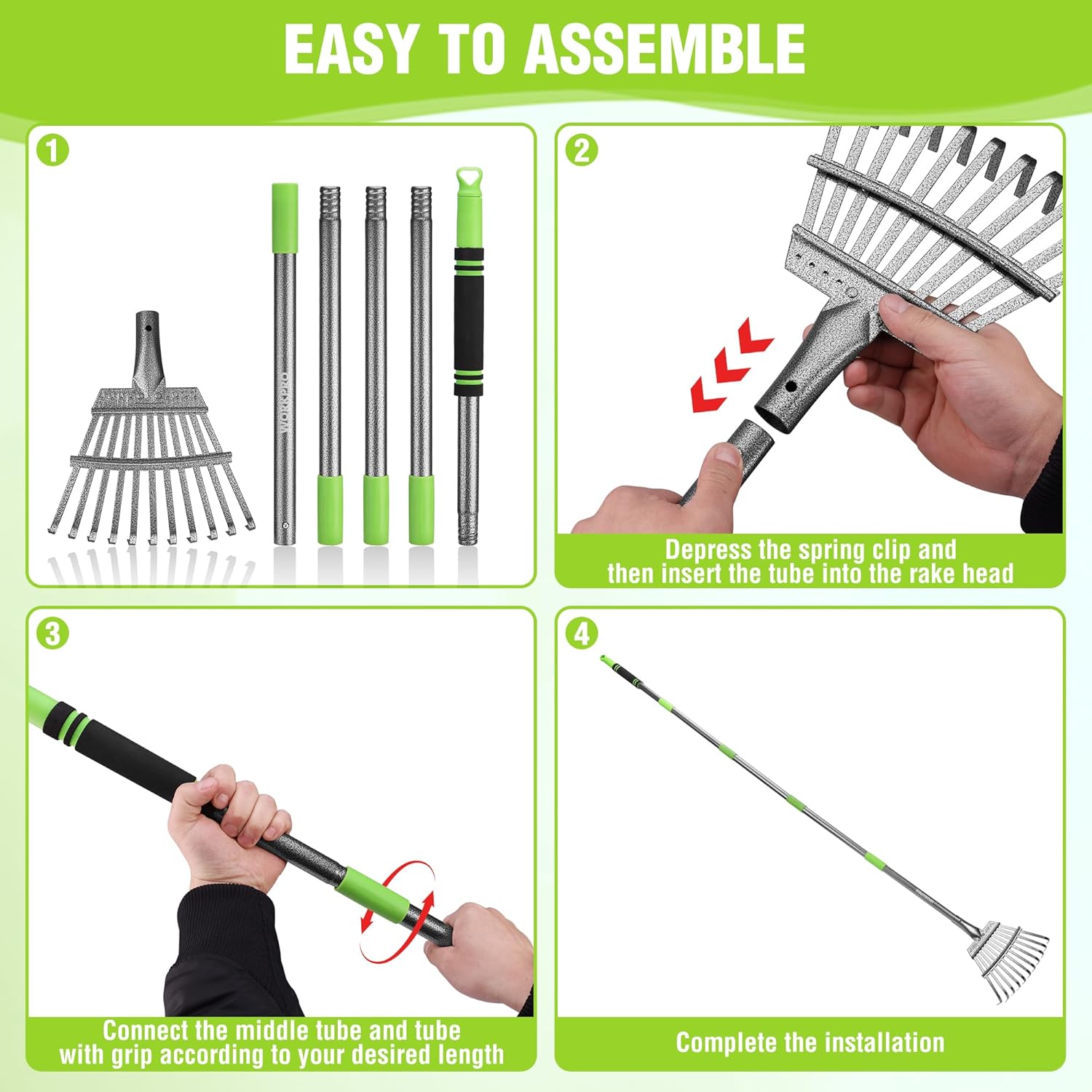 Leaf rake assembly diagram showing connected handle sections and 11-tine head with spring clip.