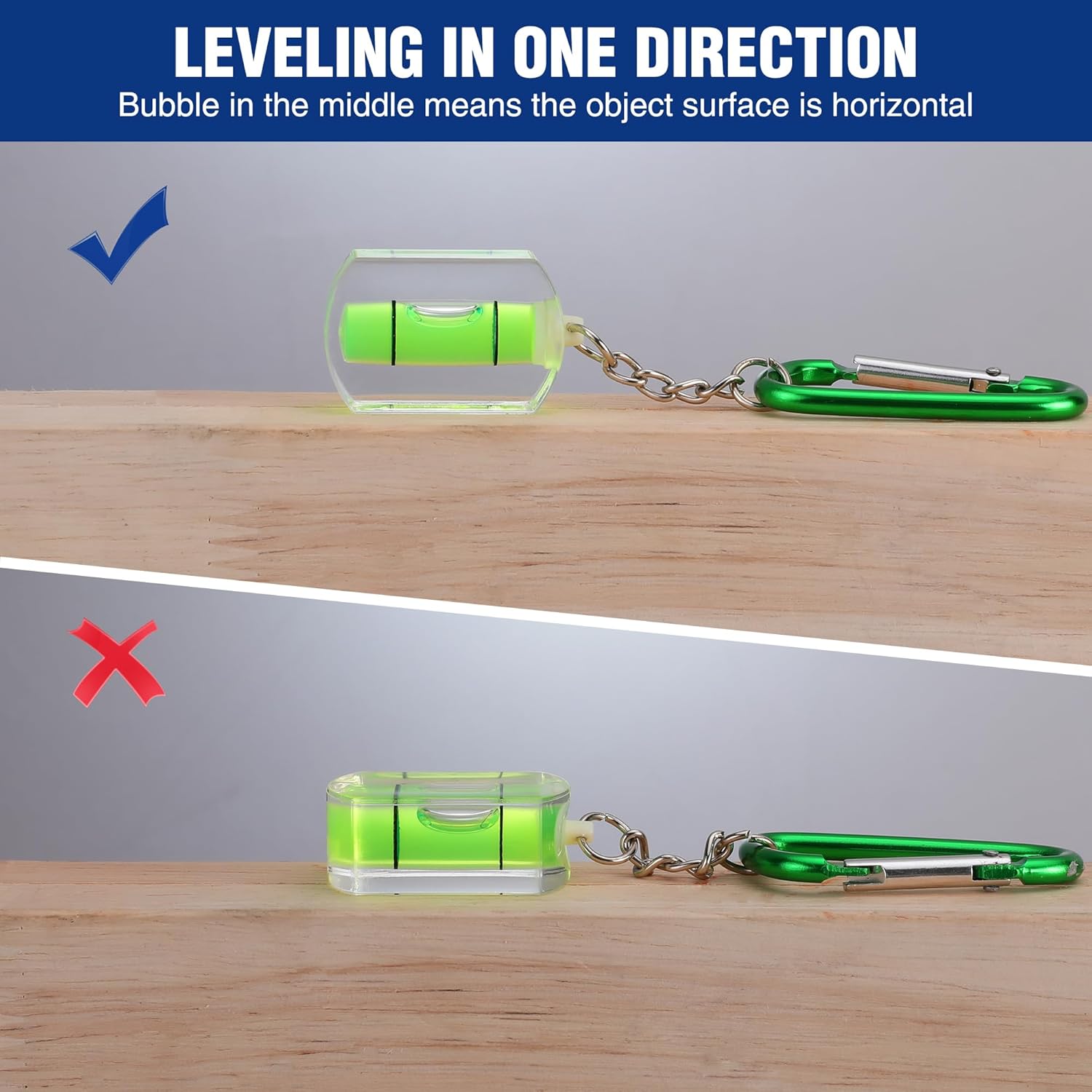 Keychain mini bubble level with translucent neon vial and green carabiner