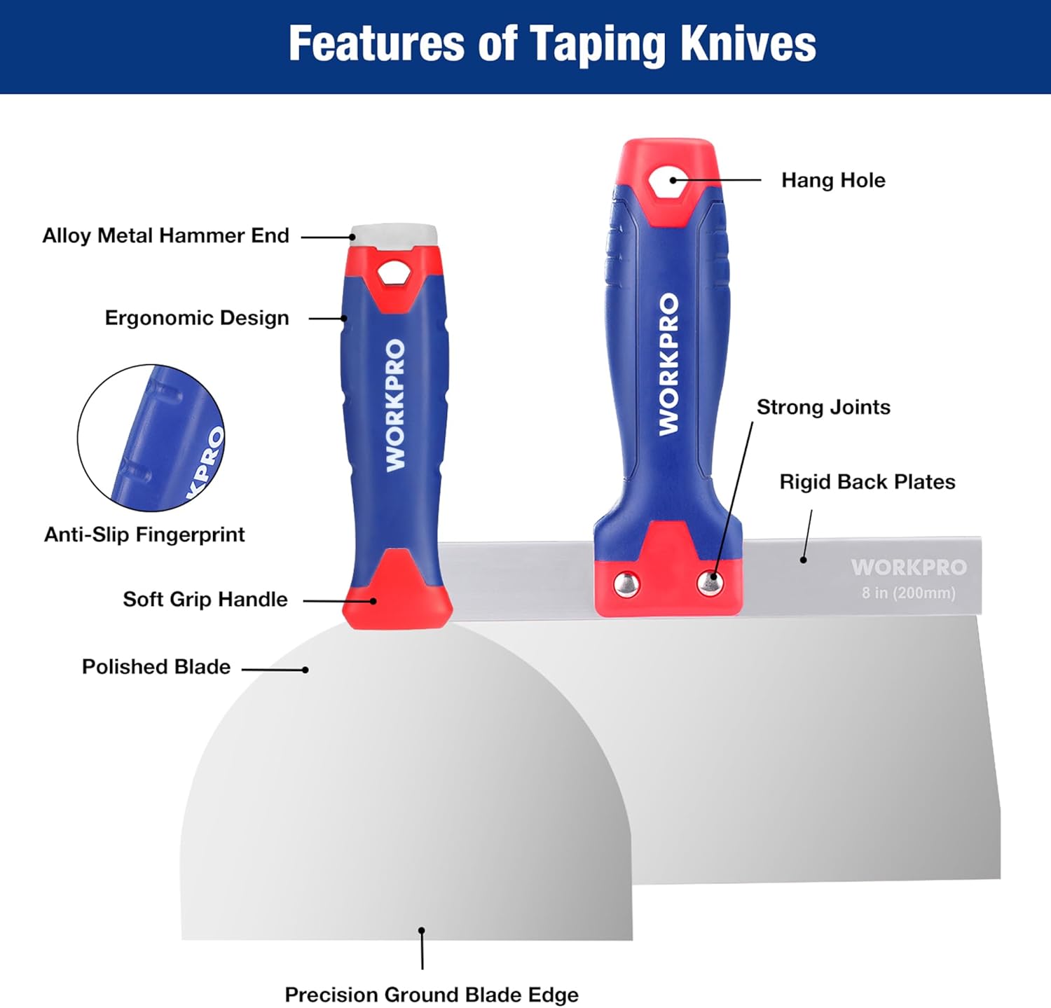 Drywall taping knife with blue handle, red end cap, and polished metal blade