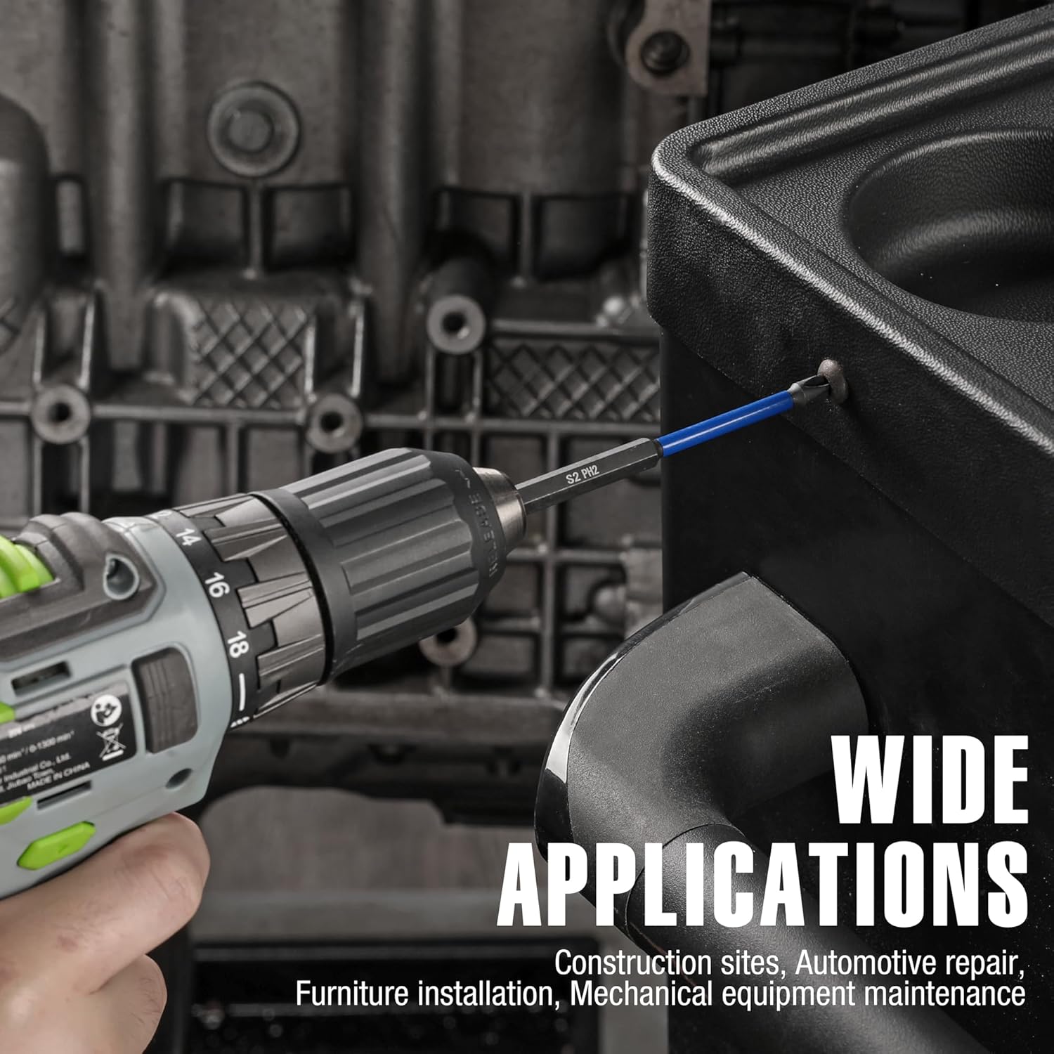 WORKPRO PH2 Phillips impact bit in use with a power drill on metal components