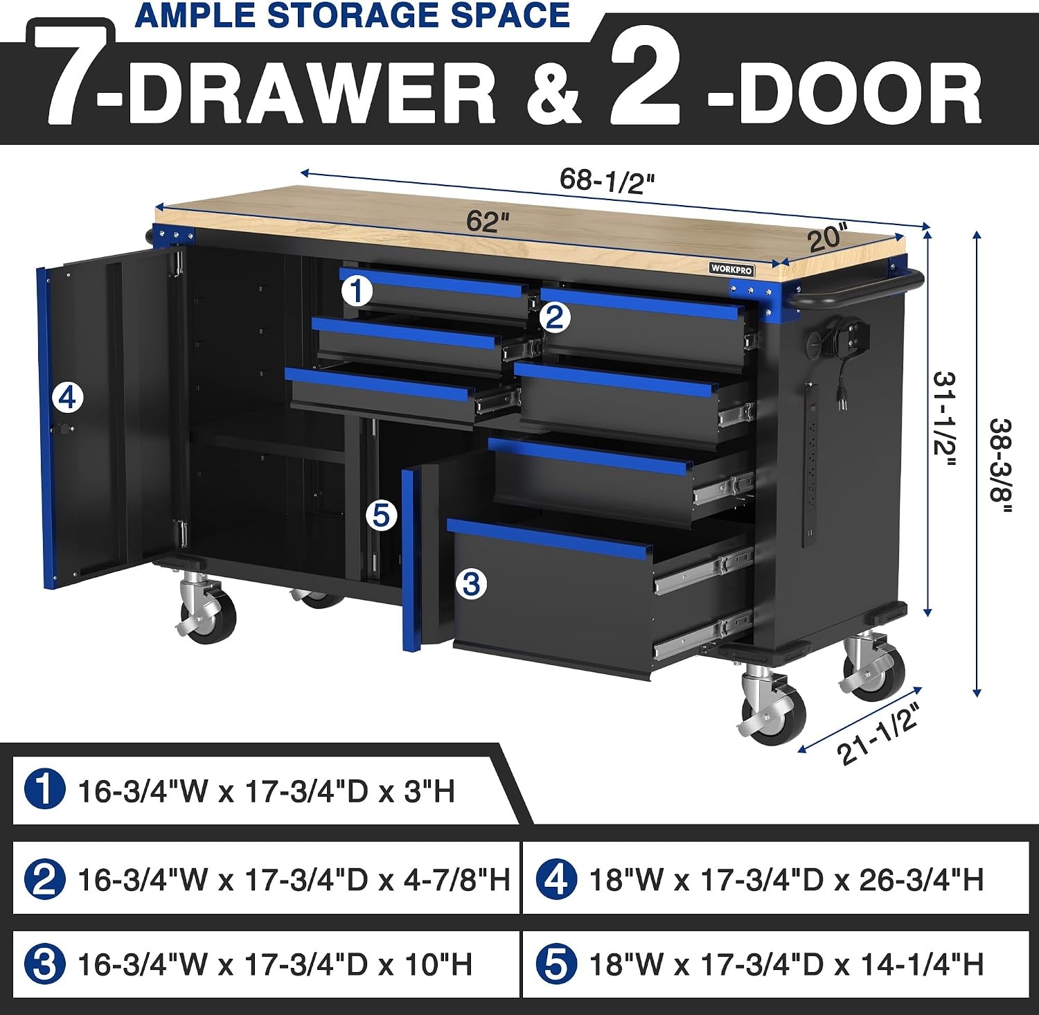 Blue and black rolling tool chest with 7 drawers and 2 door cabinets, shown open