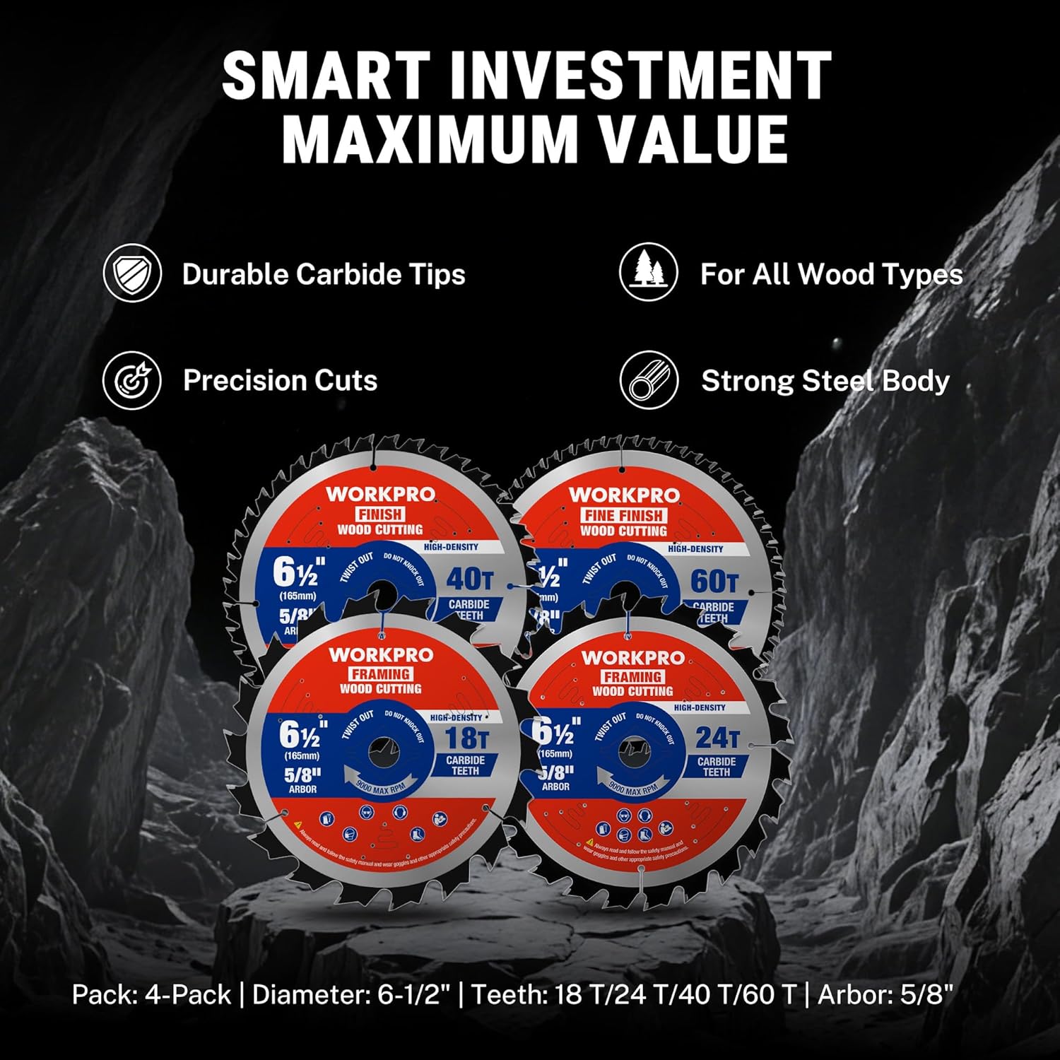Pack of four 6-1/2 in carbide tipped circular saw blades: 18T, 24T, 40T, 60T