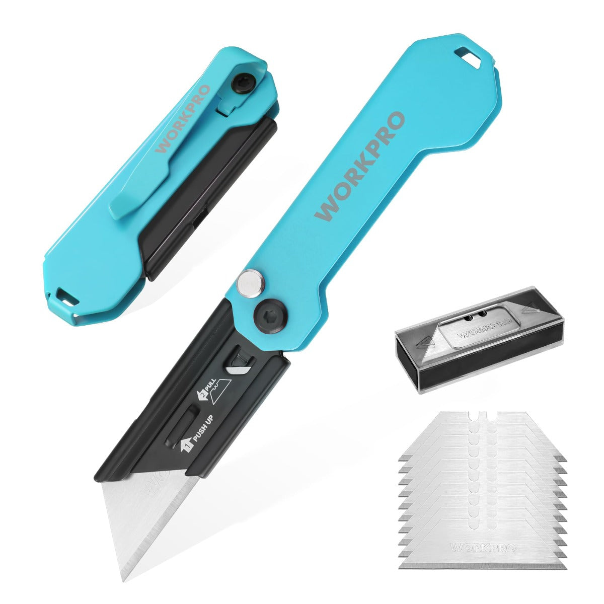 WORKPRO folding utility knife, teal blue handle with extended utility blade