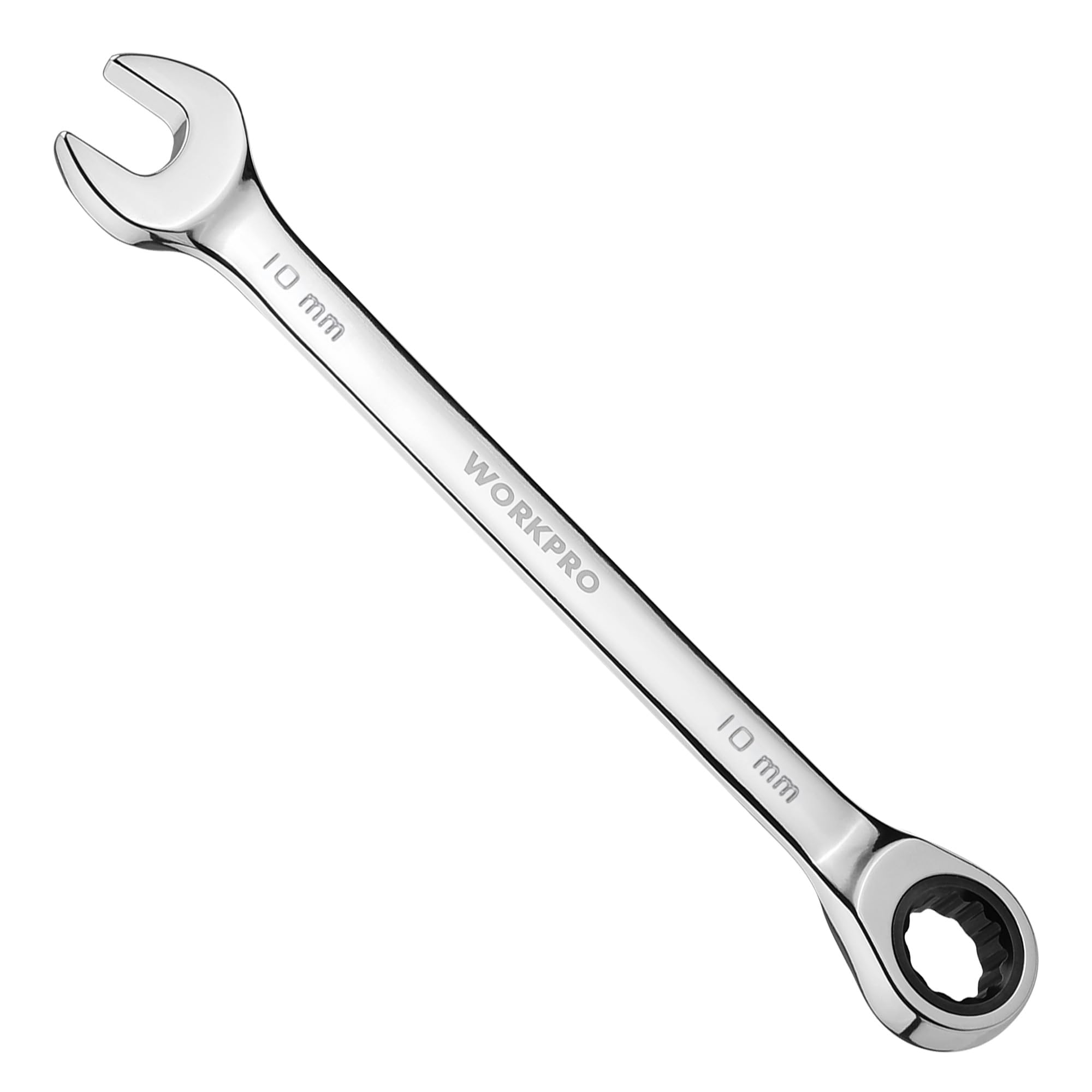 Chrome ratcheting wrench with 10 mm box end and ratchet head