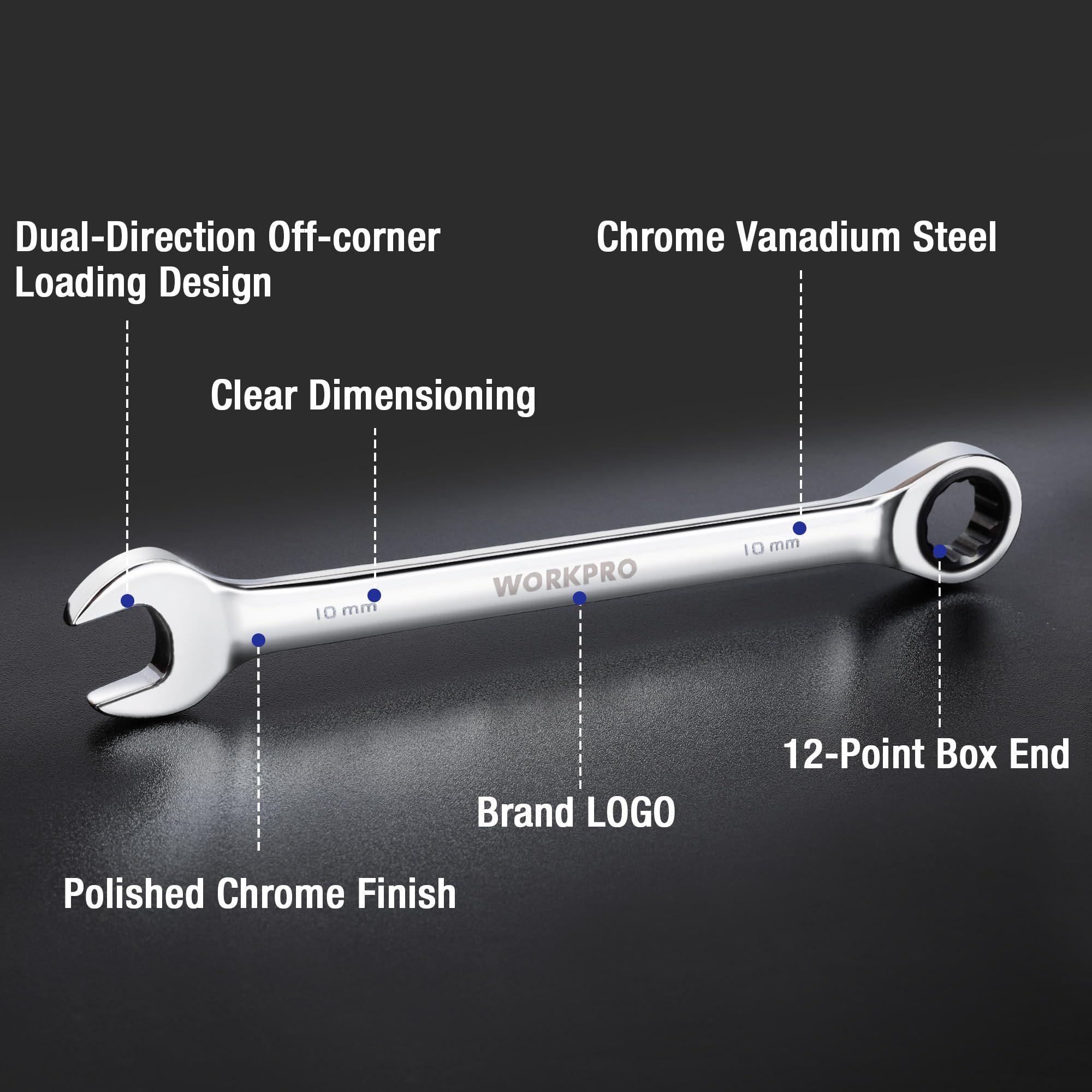 Chrome vanadium ratcheting wrench with 12-point box end, 10 mm marking