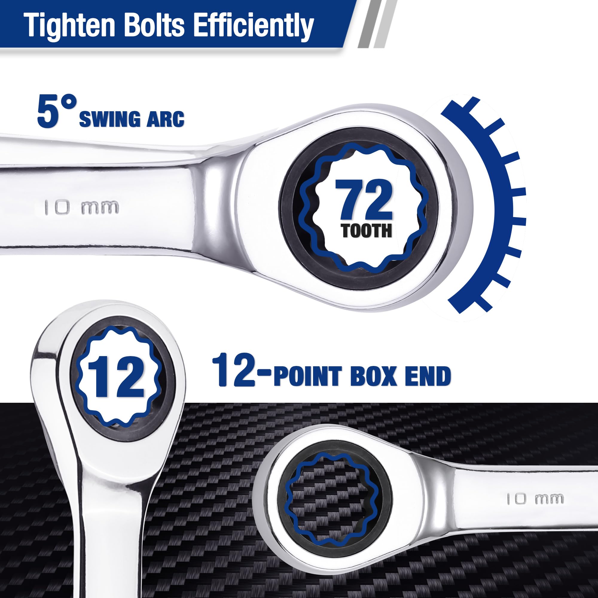 72-tooth ratcheting 12-point box end wrench head, 10 mm marking