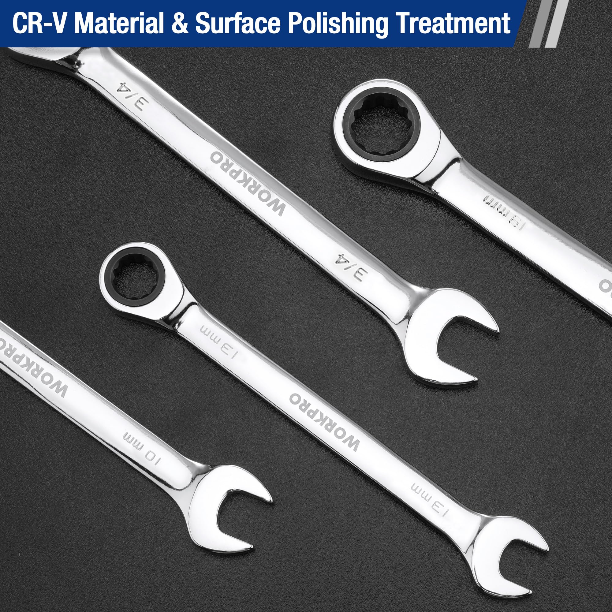 Chrome CR-V finish ratcheting wrenches with box ends and open ends