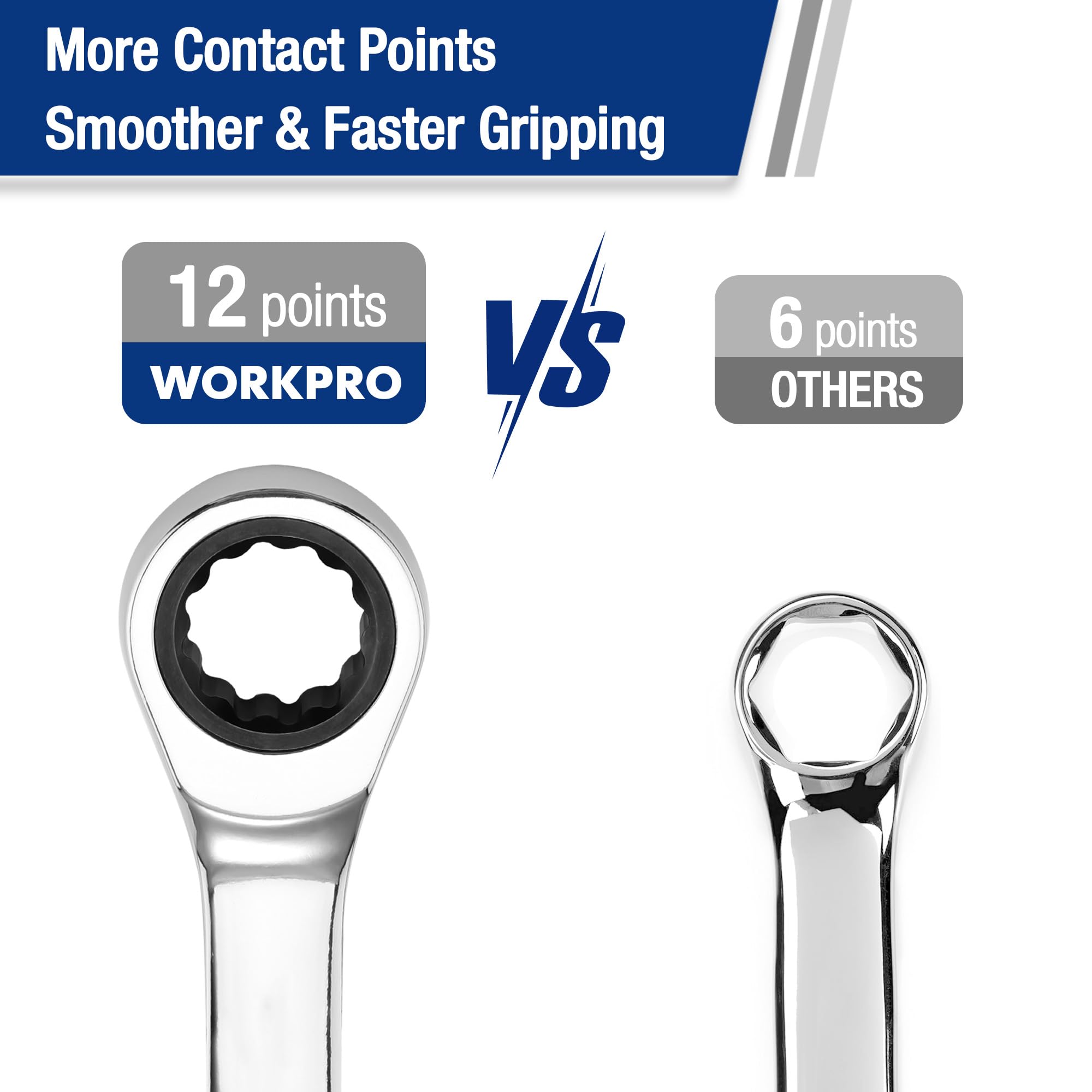 Ratcheting box-end wrench with 12-point socket and polished chrome finish