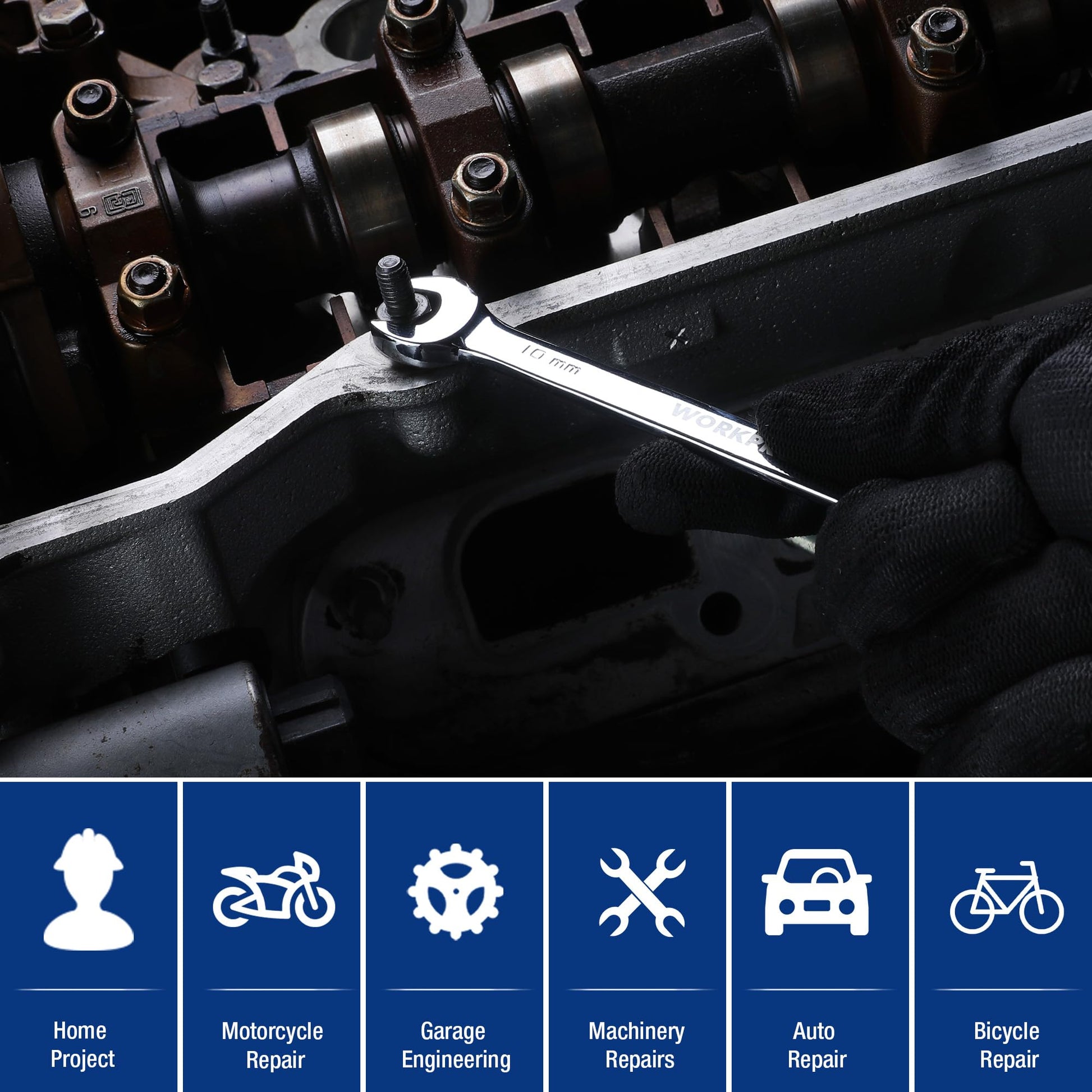 Ratcheting wrench tool working on engine fasteners with box-end socket