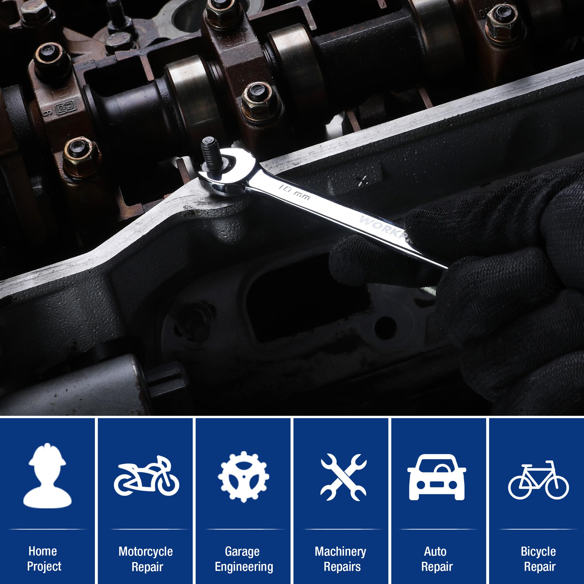 Ratcheting wrench tool working on engine fasteners with box-end socket
