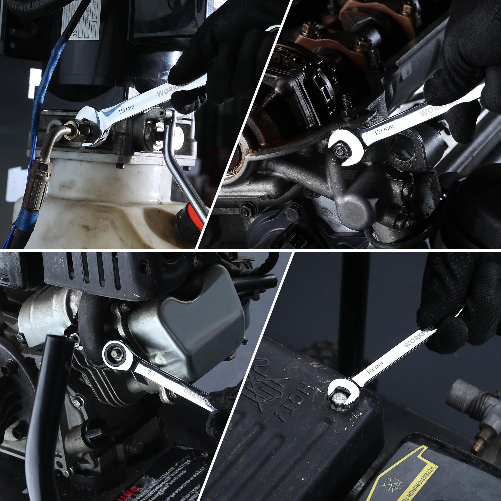 Ratcheting wrench with chrome finish and printed size markings for tight access