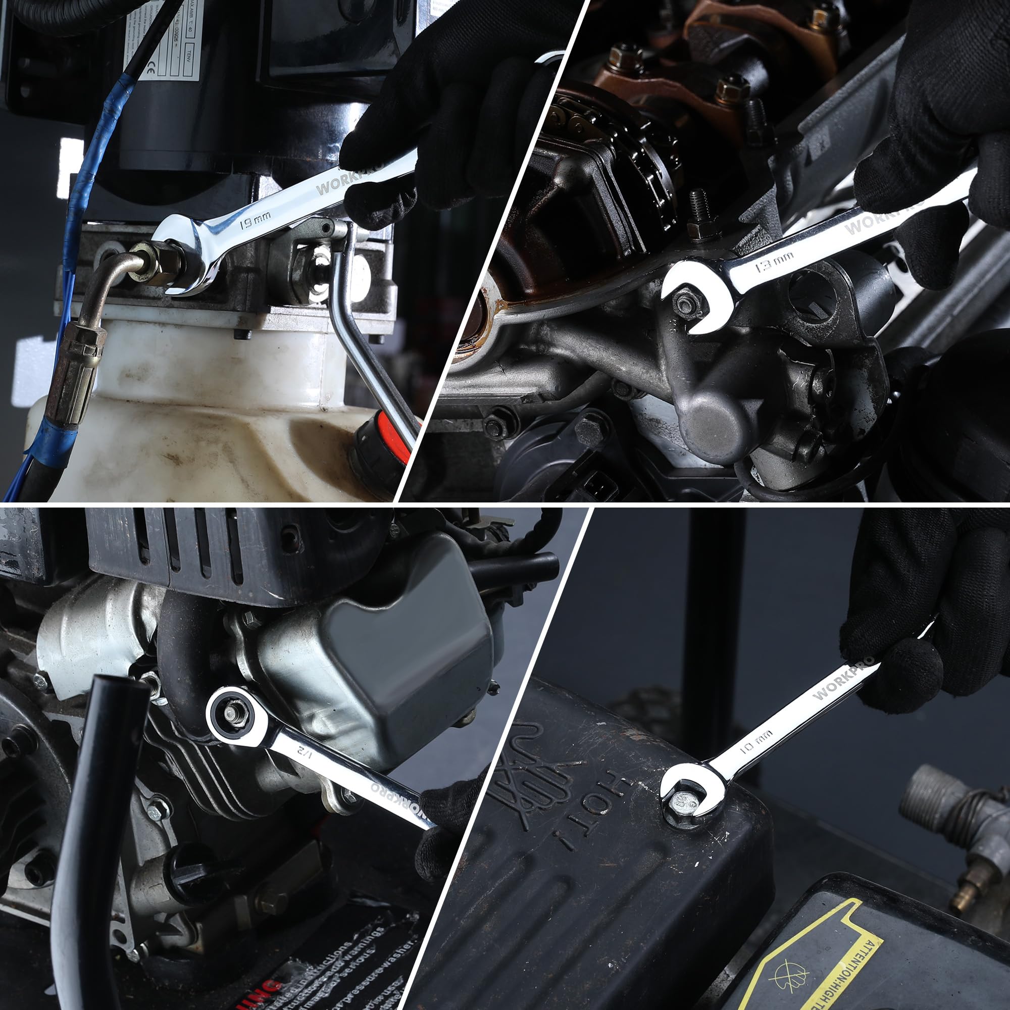 Ratcheting wrench with chrome finish and printed size markings for tight access