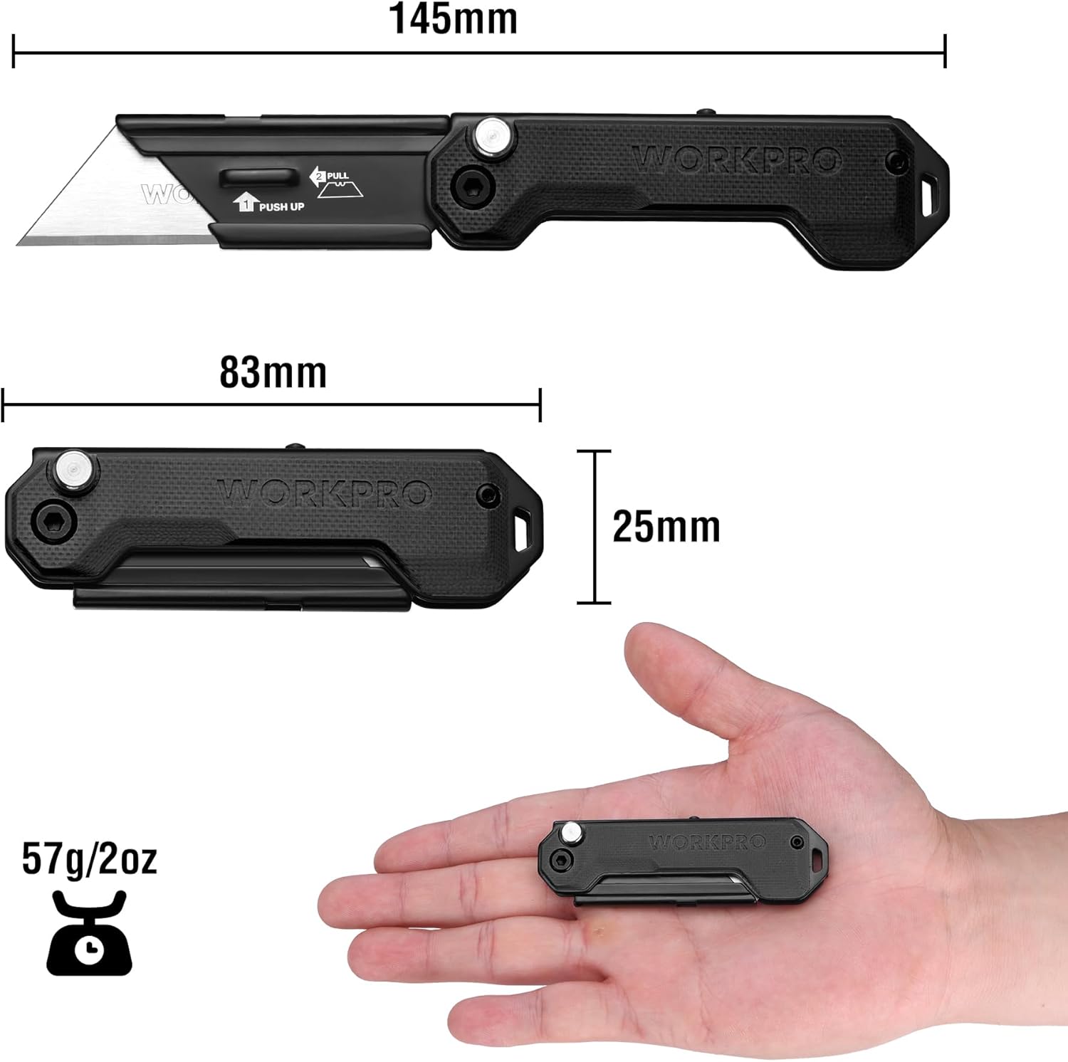 WORKPRO folding utility knife, black mini box cutter with extended blade