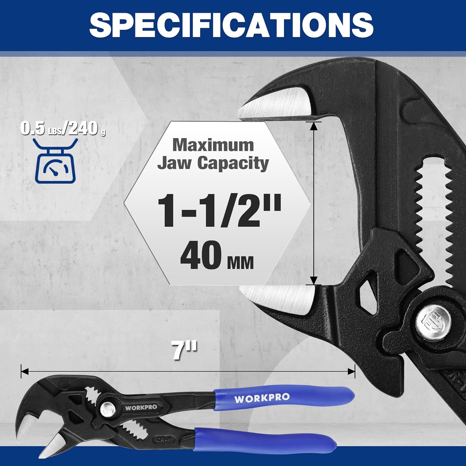 7-inch black pliers wrench with adjustable smooth parallel jaw capacity, blue handle grips