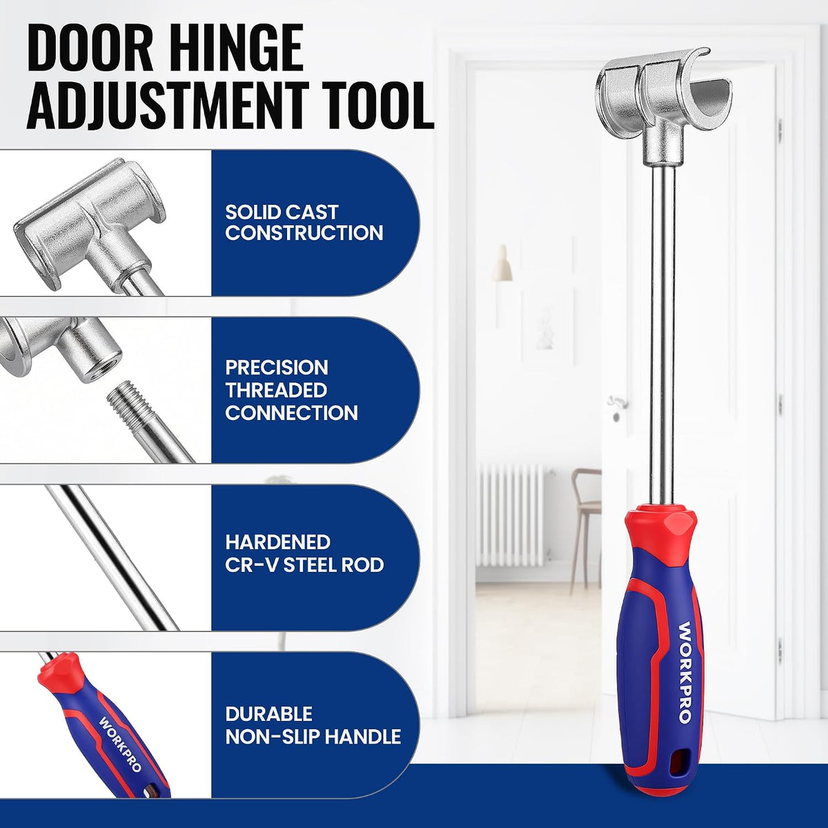 WORKPRO 4-in-1 Door Hinge Adjustment Tool, 0.55-1.06 in Hinge Wrench Set | 4 PCS Hinge Gap Adjusting Wrench with Organized Storage Case, Hinge Bender & Door Alignment Tool, Hardened CR-V Steel Rod