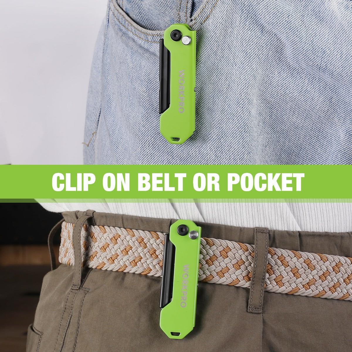 Green utility knife clip secured to jeans belt loop and pocket area