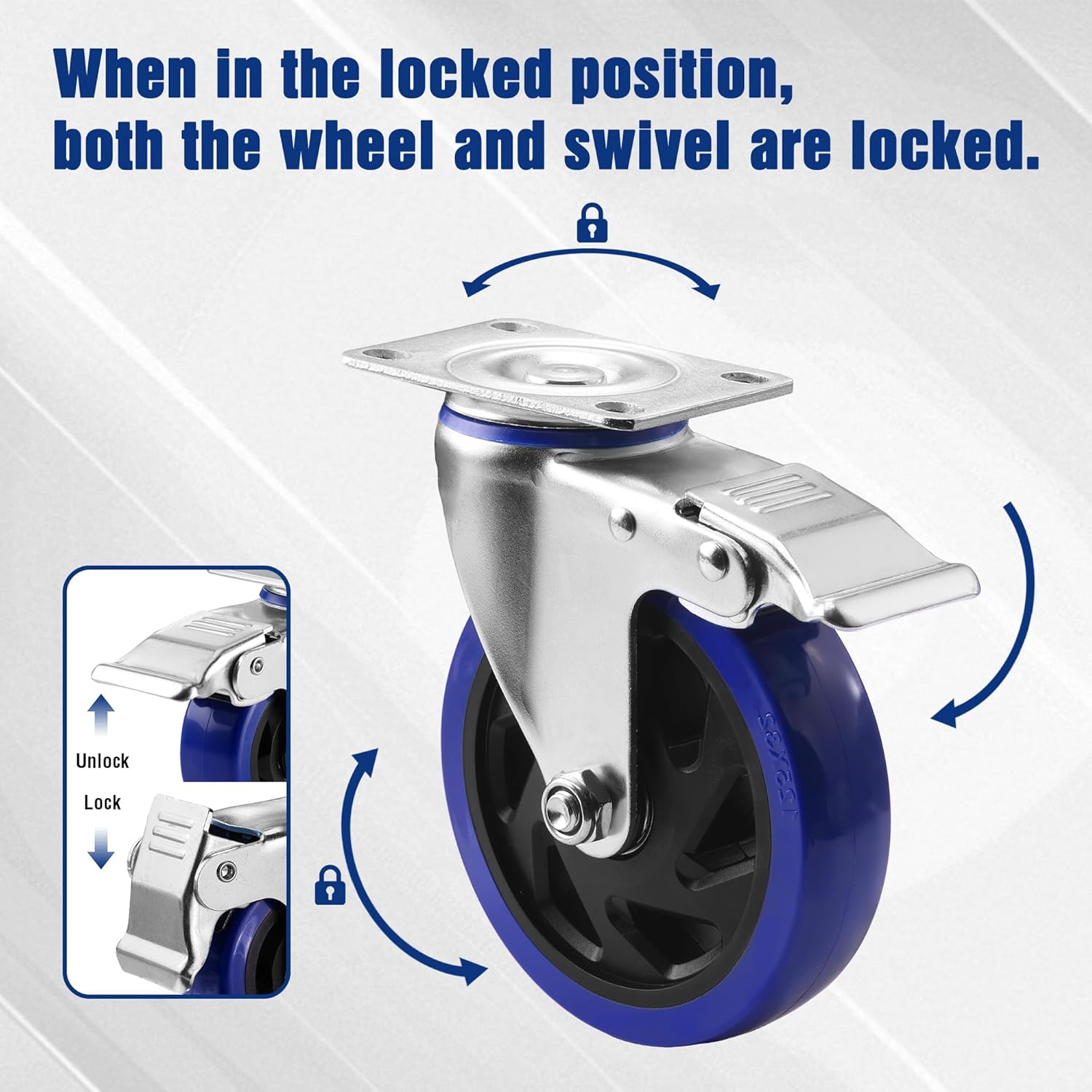 Industrial swivel caster with brake lock, blue PU wheel, black center, steel housing