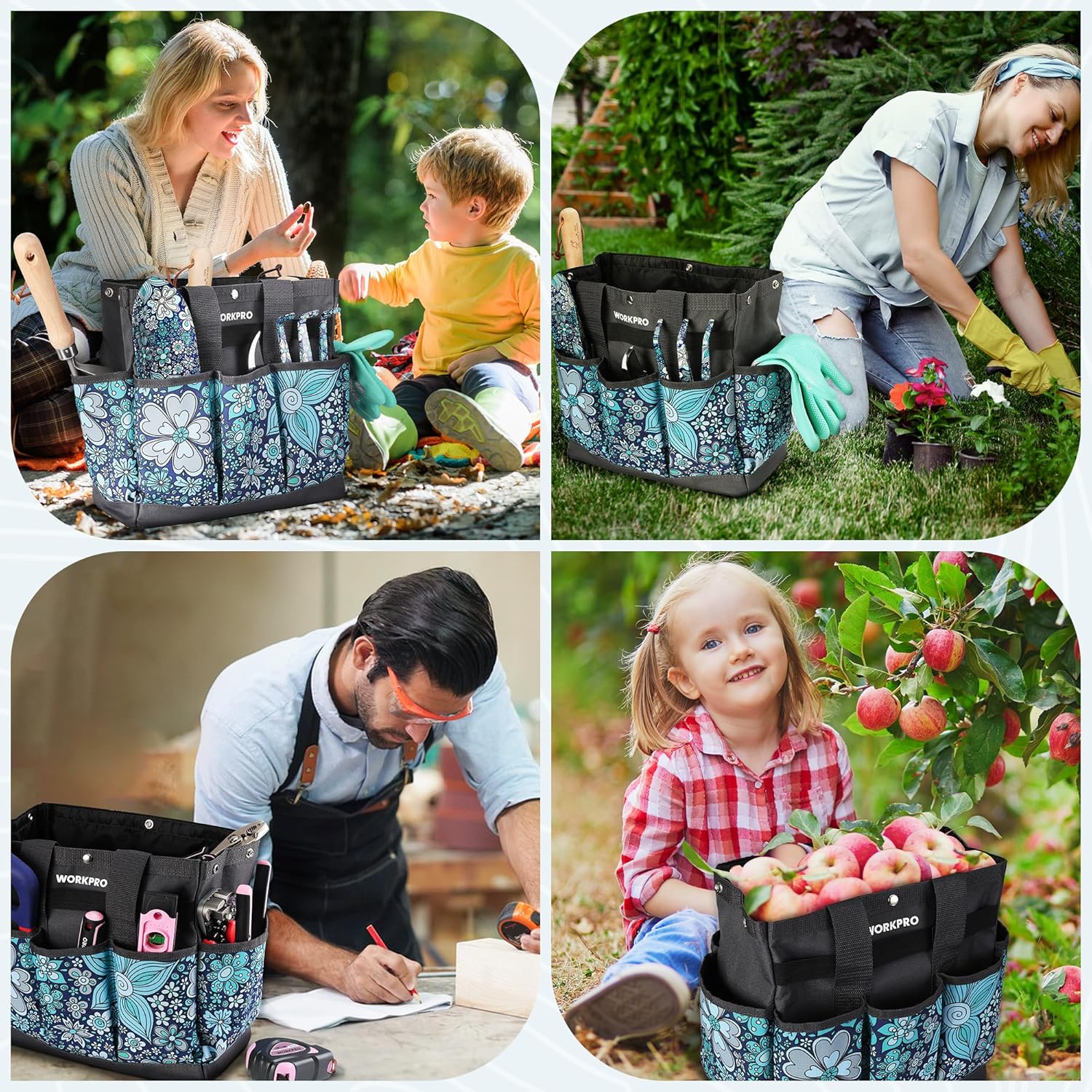 Floral blue garden tool tote bag with black handle and multiple exterior pockets