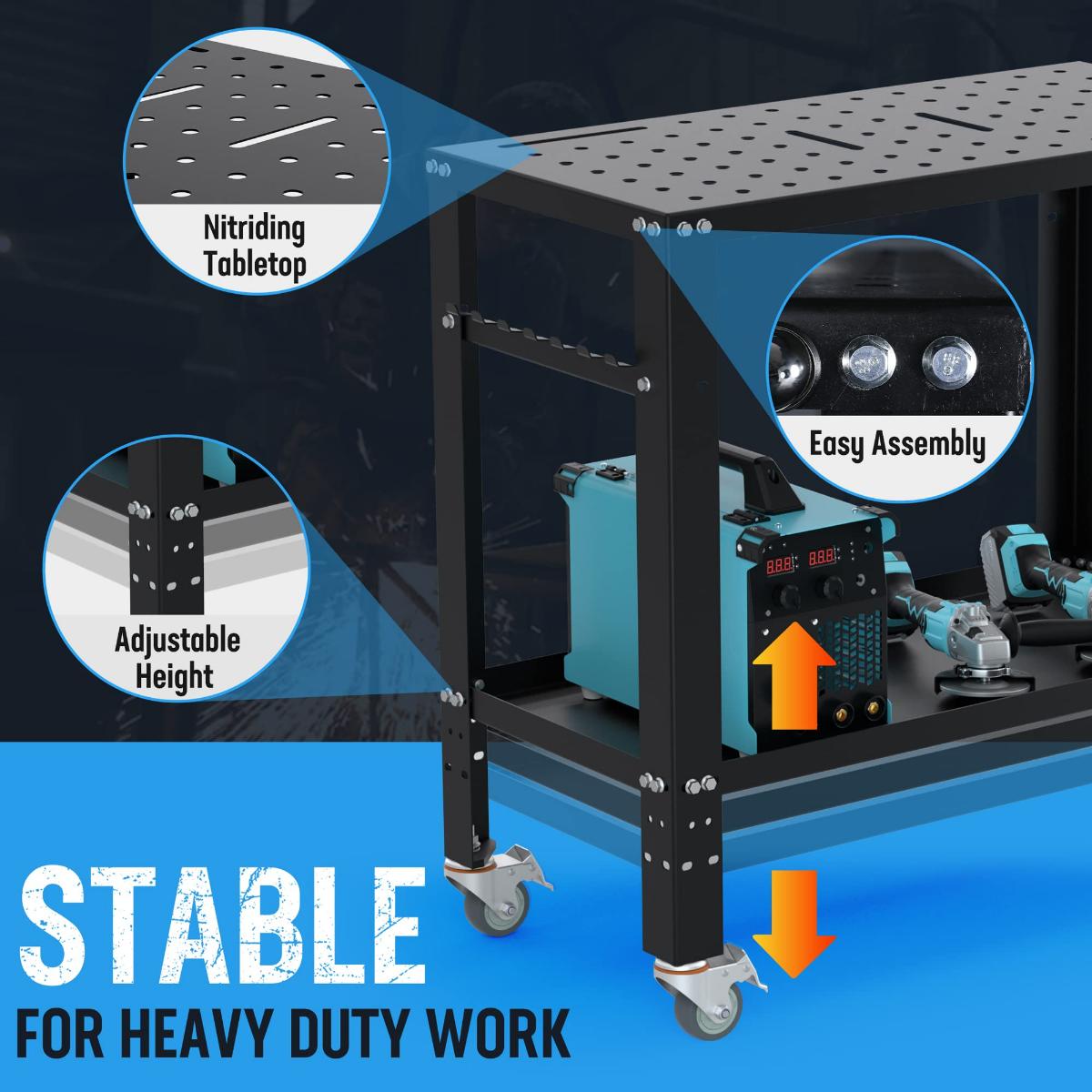 Adjustable welding table with perforated nitriding tabletop and caster wheels