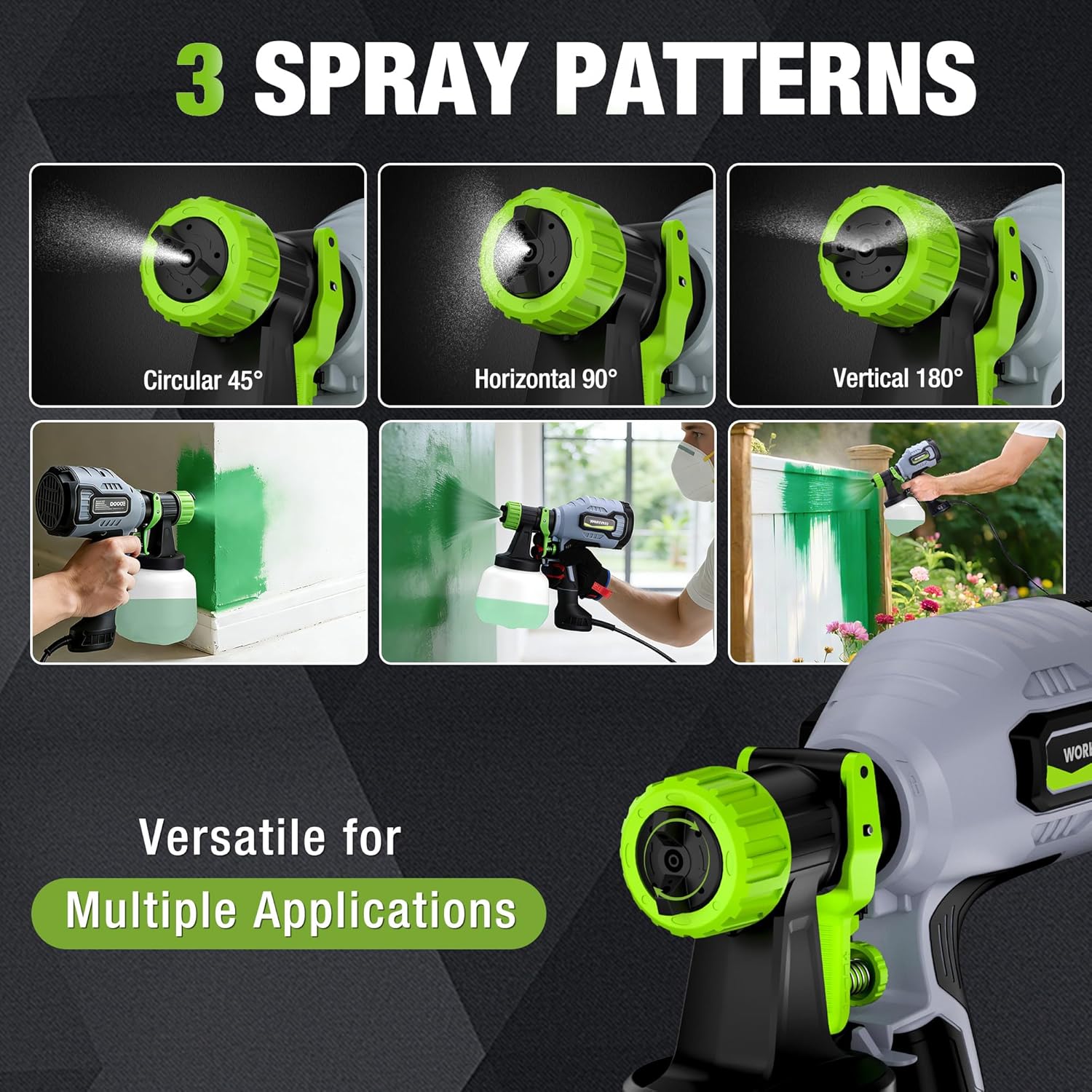 Paint sprayer with green-and-gray body, showing 3 spray patterns concept and trigger handle.