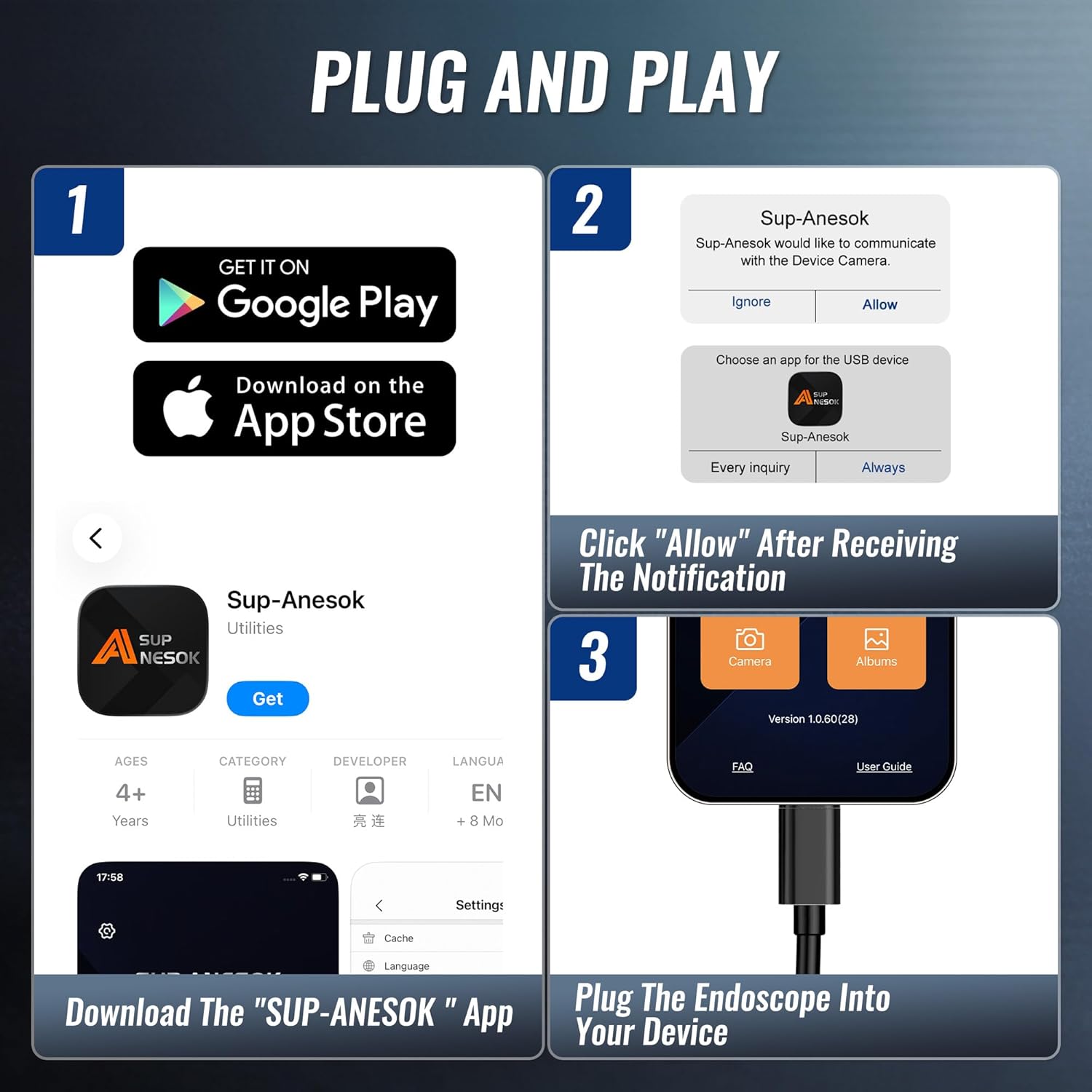 Endoscope plug-and-play USB connection and app setup screens